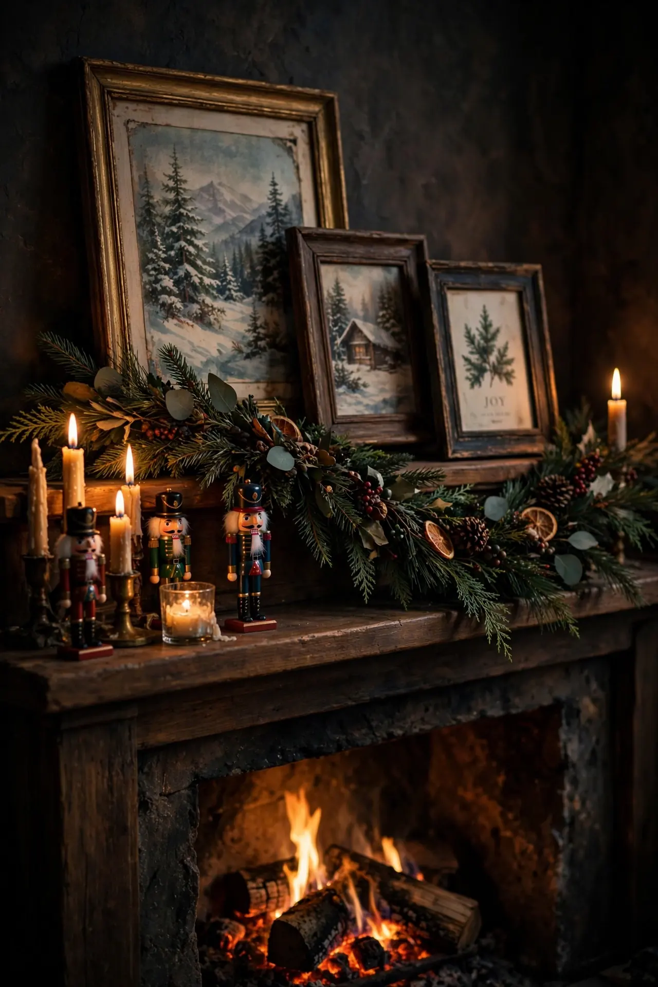 Layered Frames And Garland On The Mantel christmas mantel layered frames garland fireplace depth
