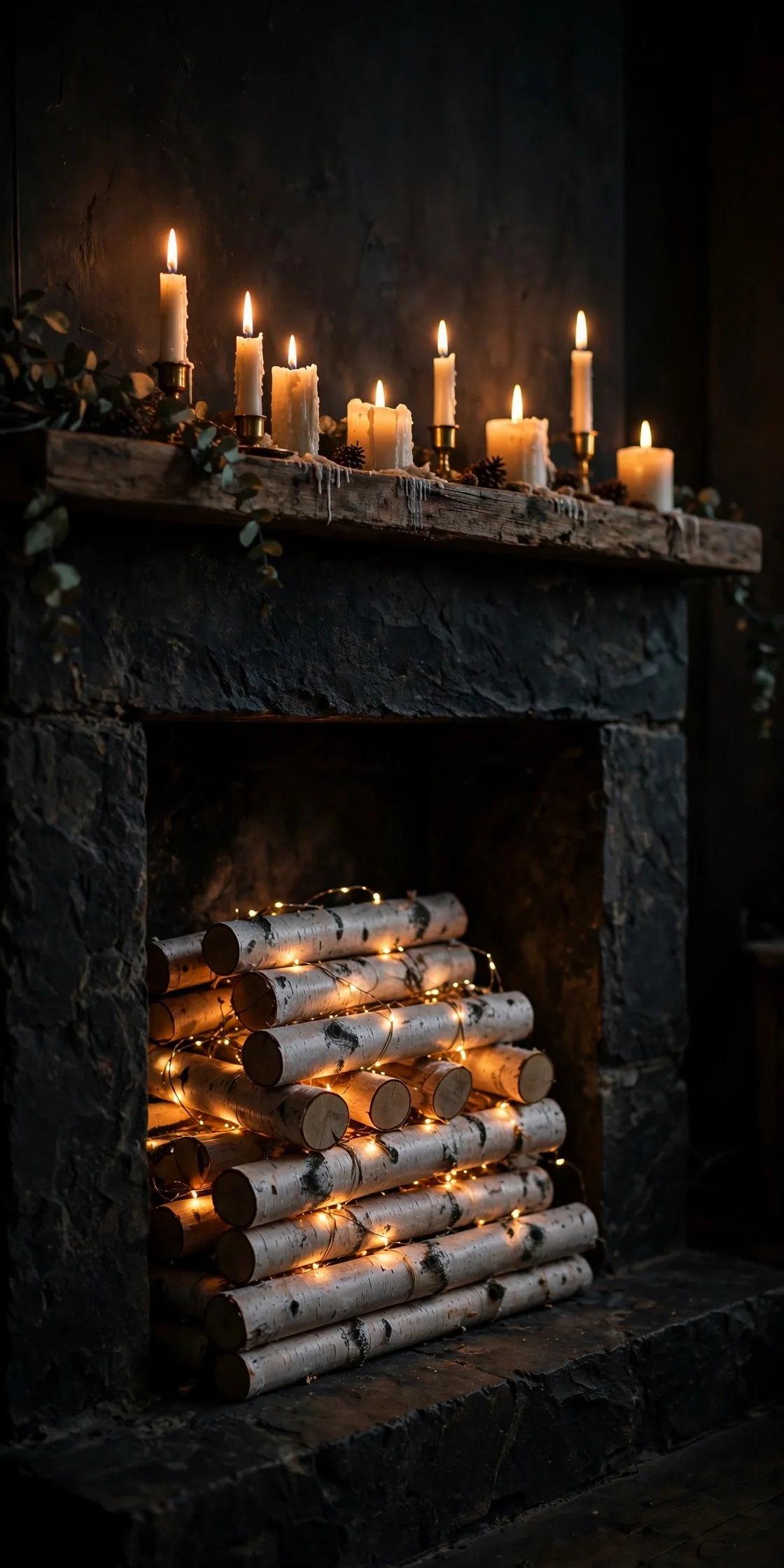 Birch Logs And Fairy Lights In The Firebox christmas fireplace birch logs firebox fairy lights