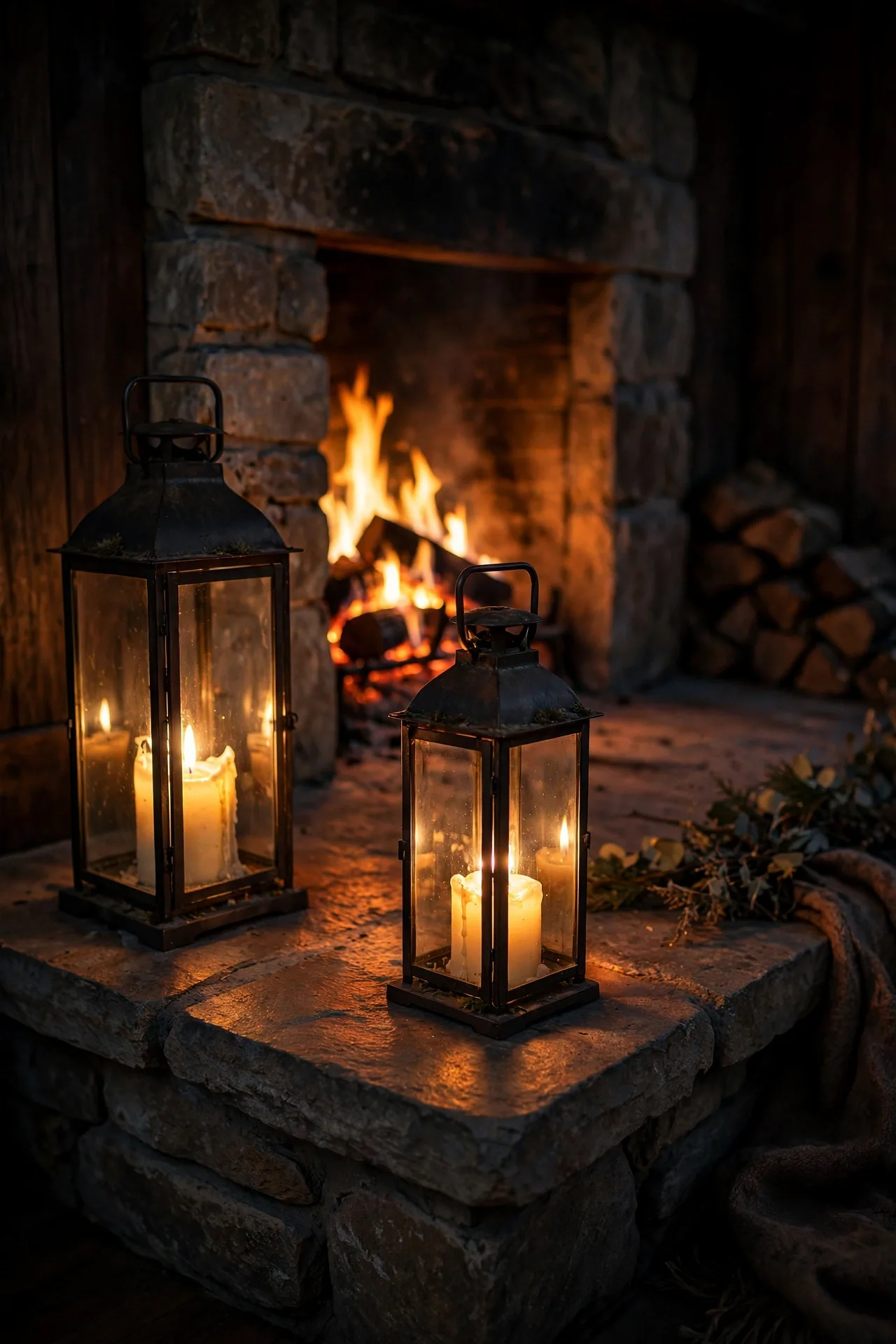 Lanterns Standing On The Hearth christmas hearth lanterns pair fireplace floor