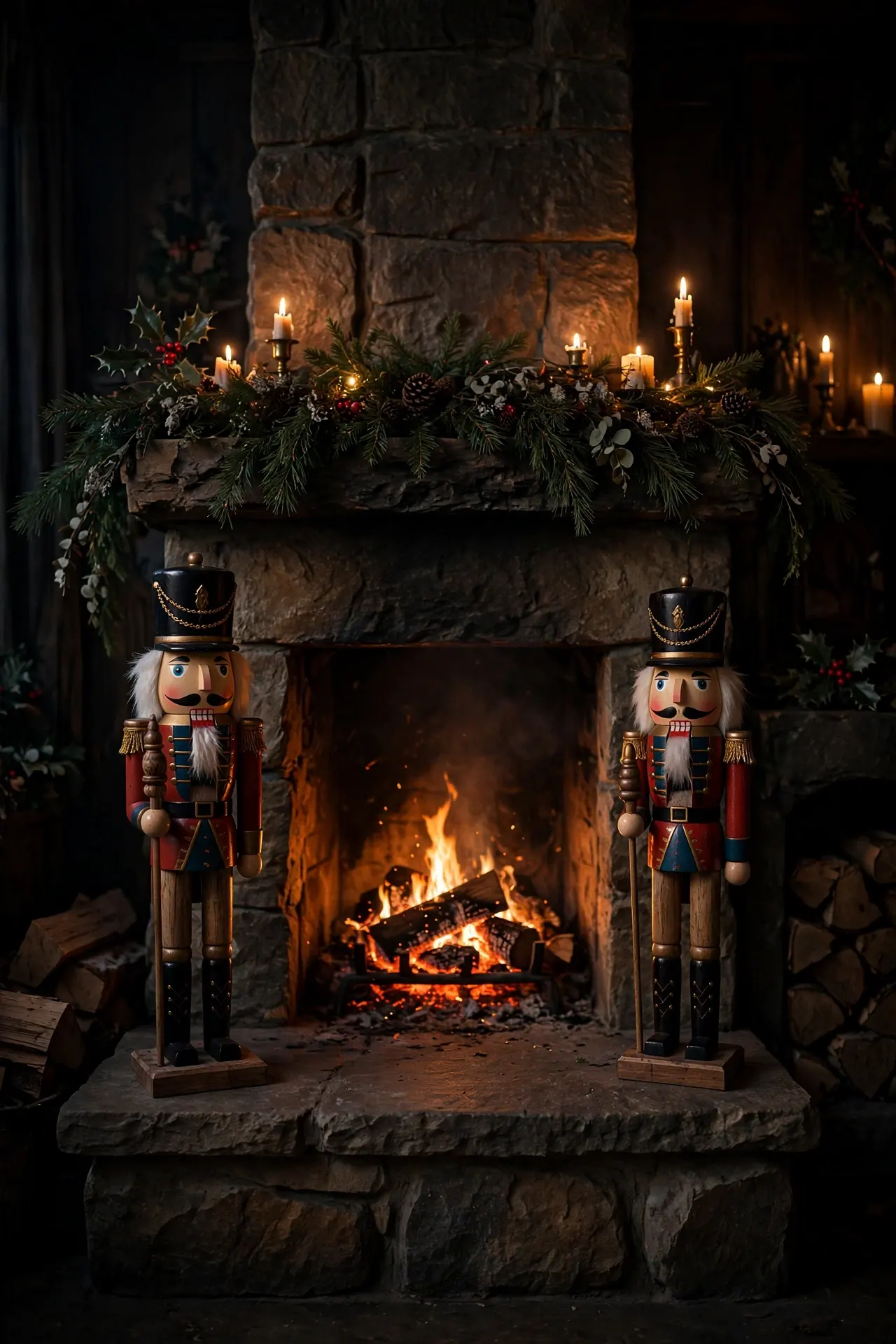 Nutcrackers Standing Guard On The Hearth christmas hearth nutcrackers guard fireplace pair