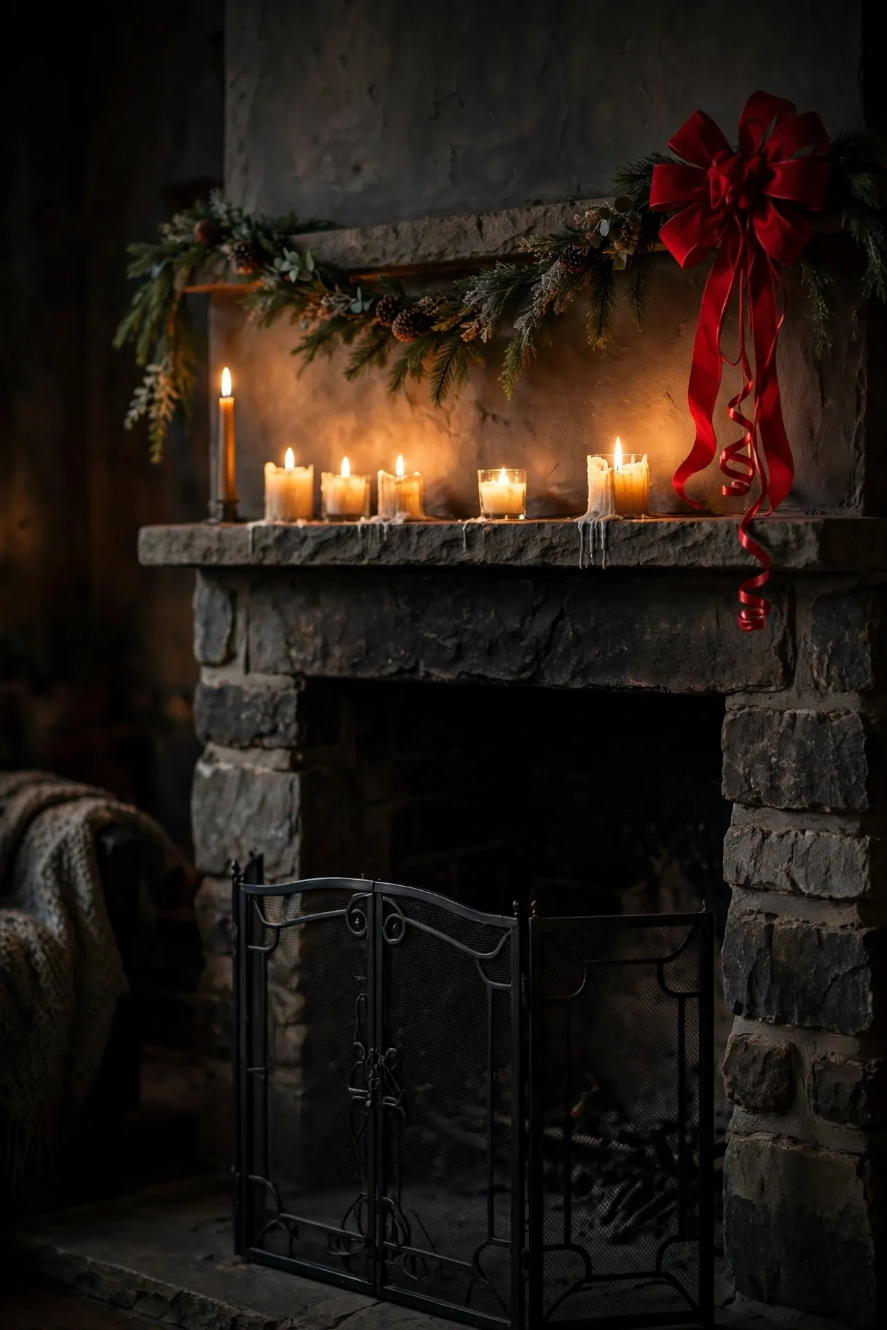 Fireplace Screen Dressed With A Bow christmas fireplace screen decorated garland bow