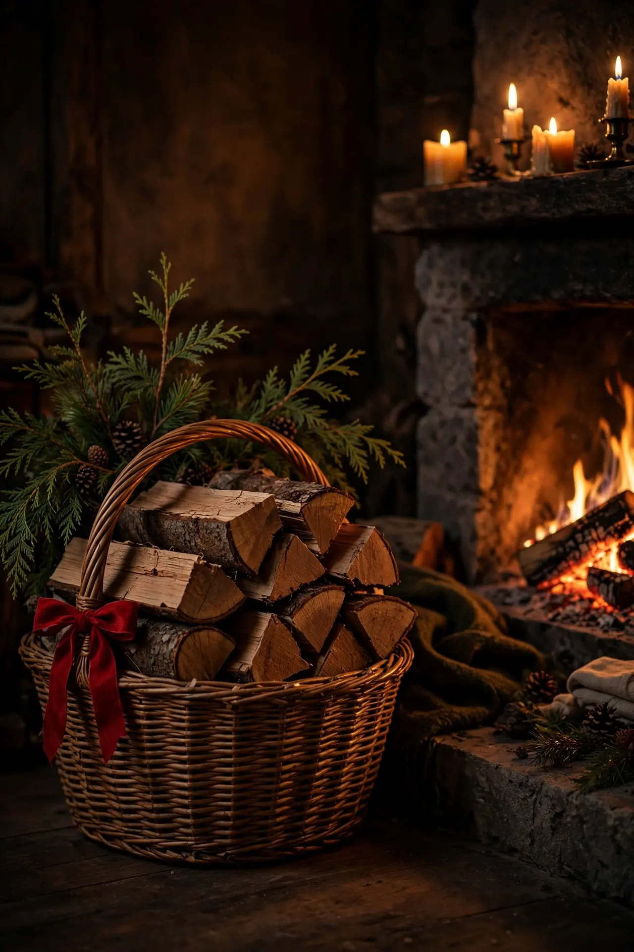 Log Basket Dressed With Greenery And Ribbon christmas log basket greenery ribbon fireside
