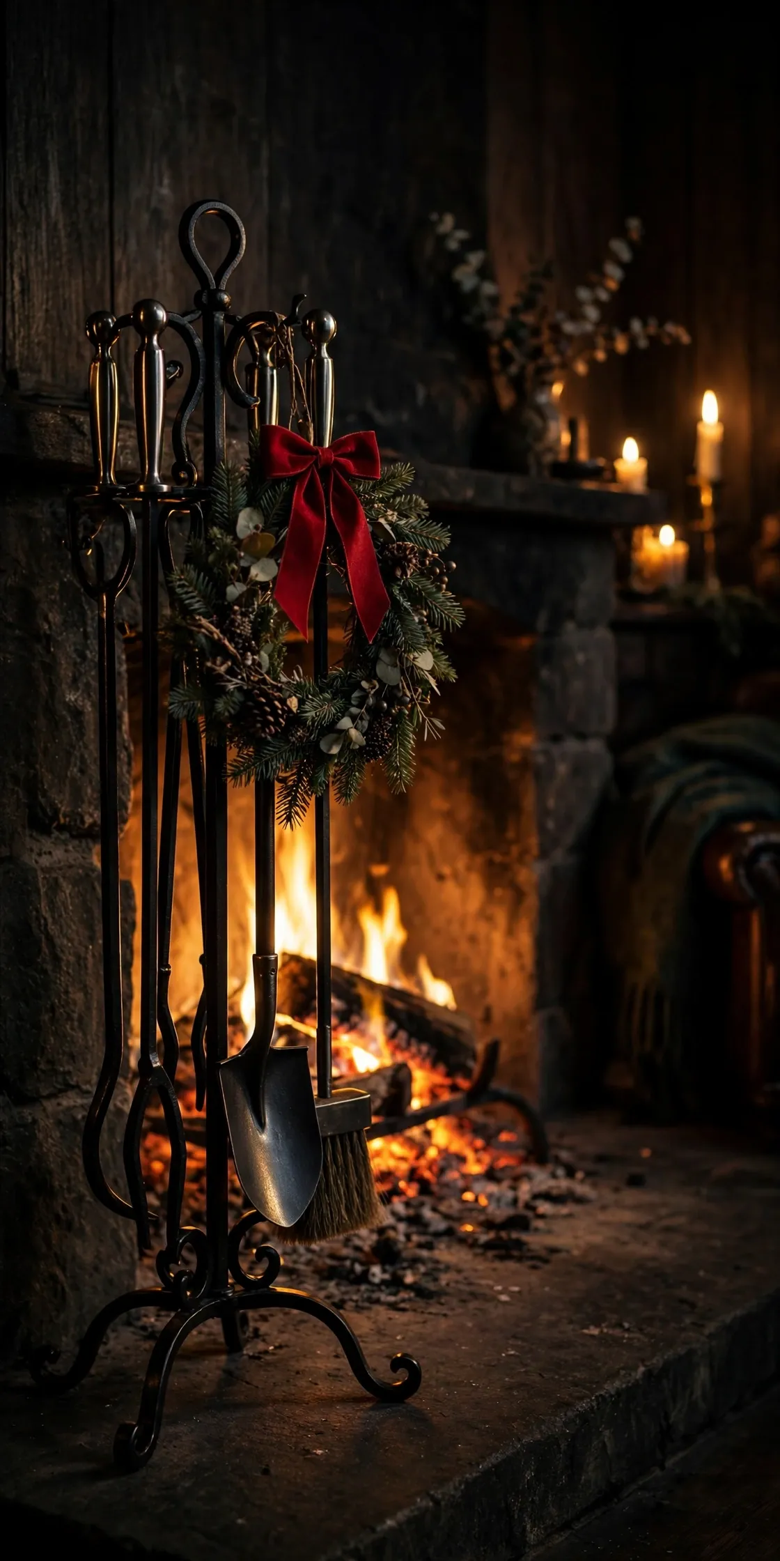 Fireplace Tool Set With A Festive Bow christmas fireplace tools set bow fireside styling
