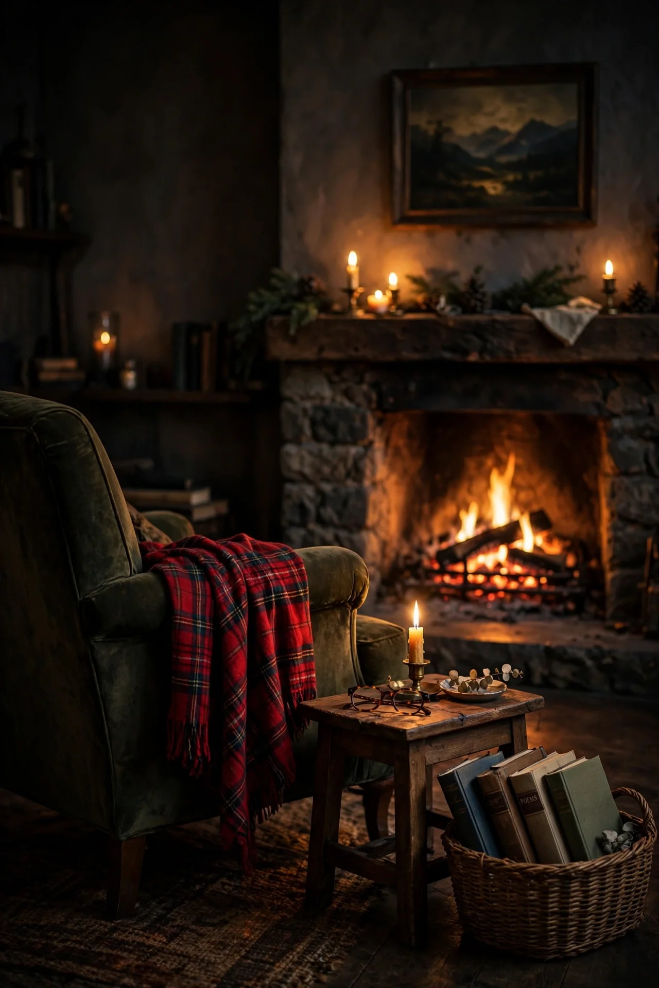 Fireside Chair With Plaid Throw christmas fireside chair plaid throw fireplace corner