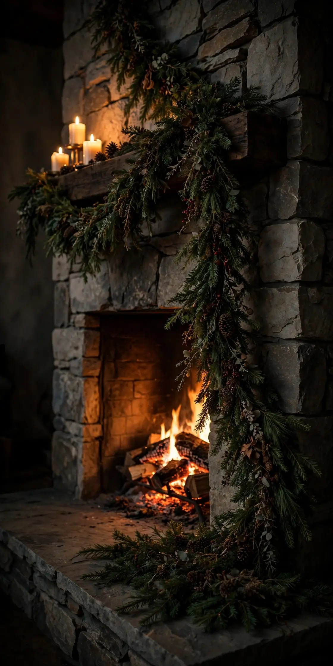 Garland Swagging From Mantel To Floor christmas fireplace garland swag floor mantel cascade