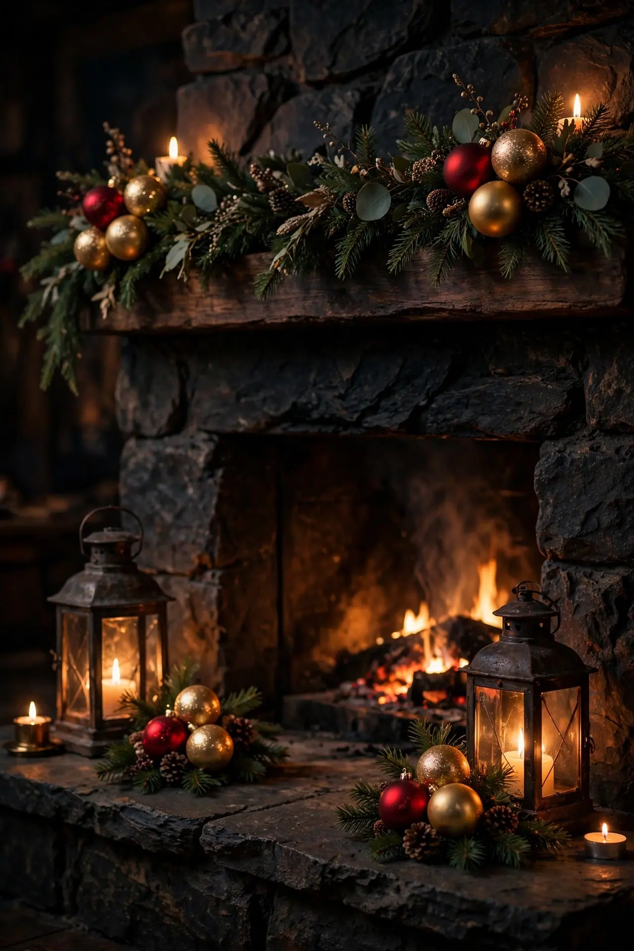 Ornament Clusters On The Fireplace Surround christmas fireplace ornament clusters surround sparkle