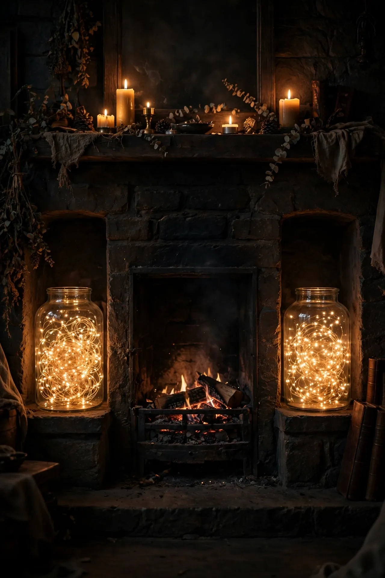 Fairy Light Jars By The Fireplace christmas fireside fairy lights jar lantern glow