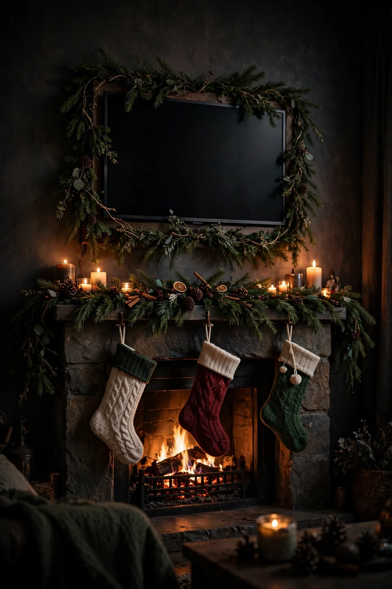 Decorating Around A TV Above The Fireplace christmas fireplace tv above garland frame decor