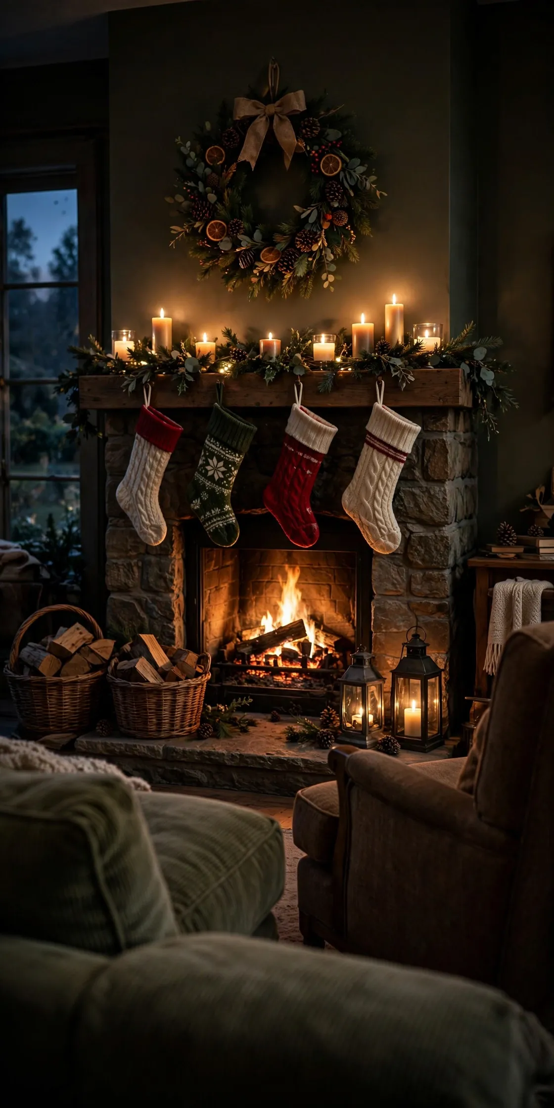 The Complete Christmas Fireplace Scene At Dusk christmas fireplace full scene evening glow wide