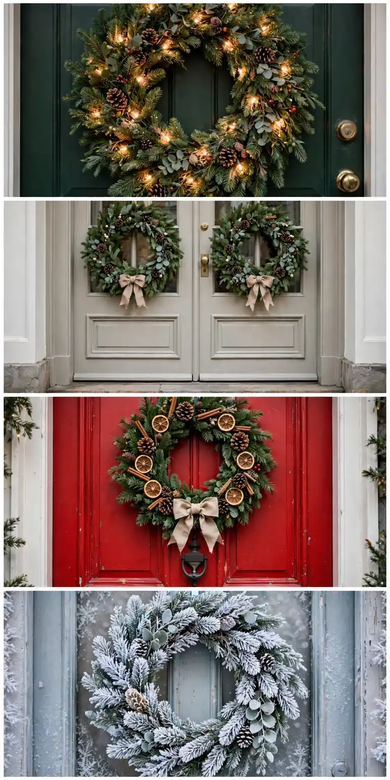 front door christmas wreath collage of pre-lit wreath, matching double door wreaths, red door wreath and winter wreath