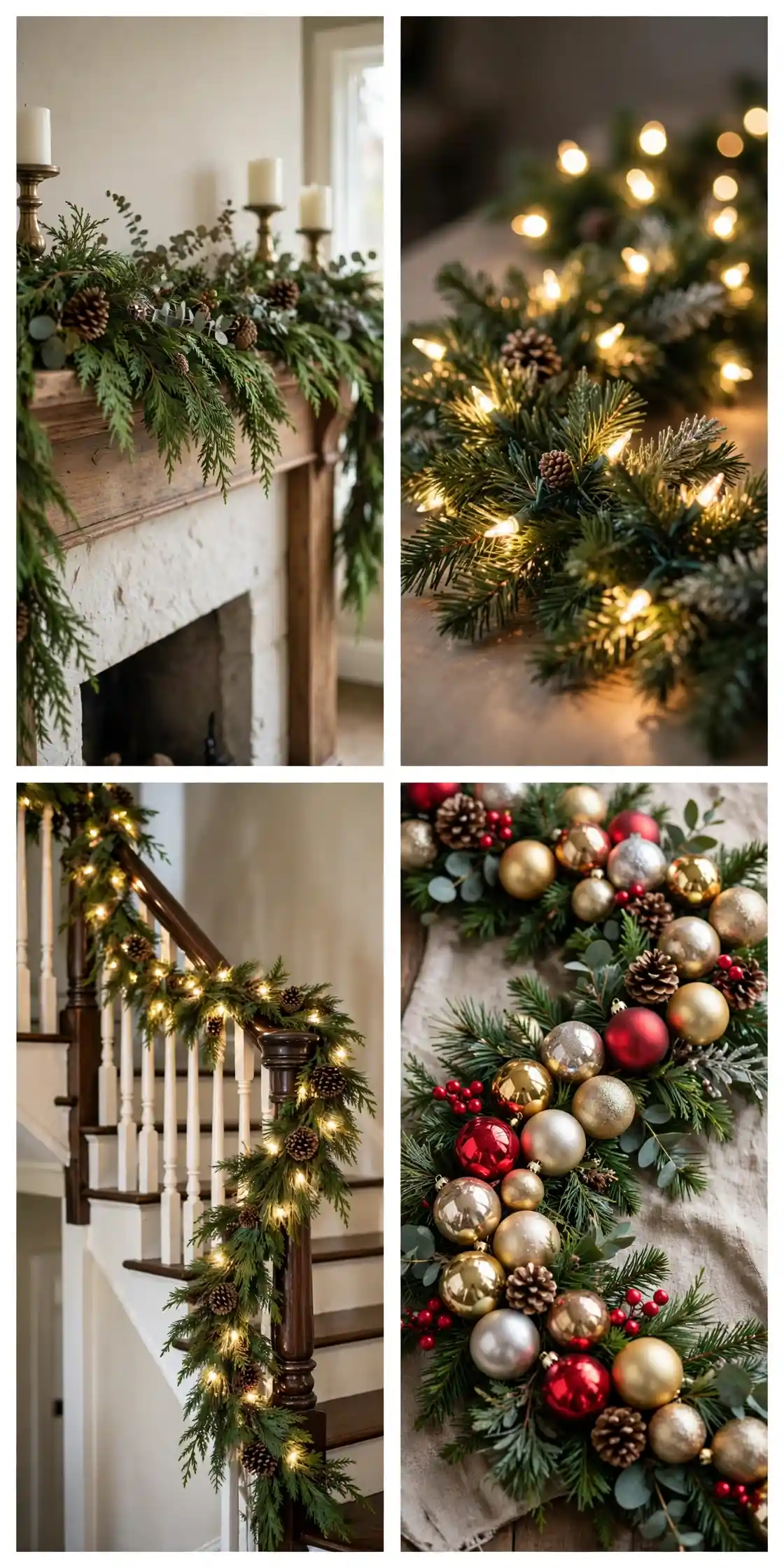 christmas garland collage of cedar garland, prelit mantel garland, staircase garland with lights and bauble garland