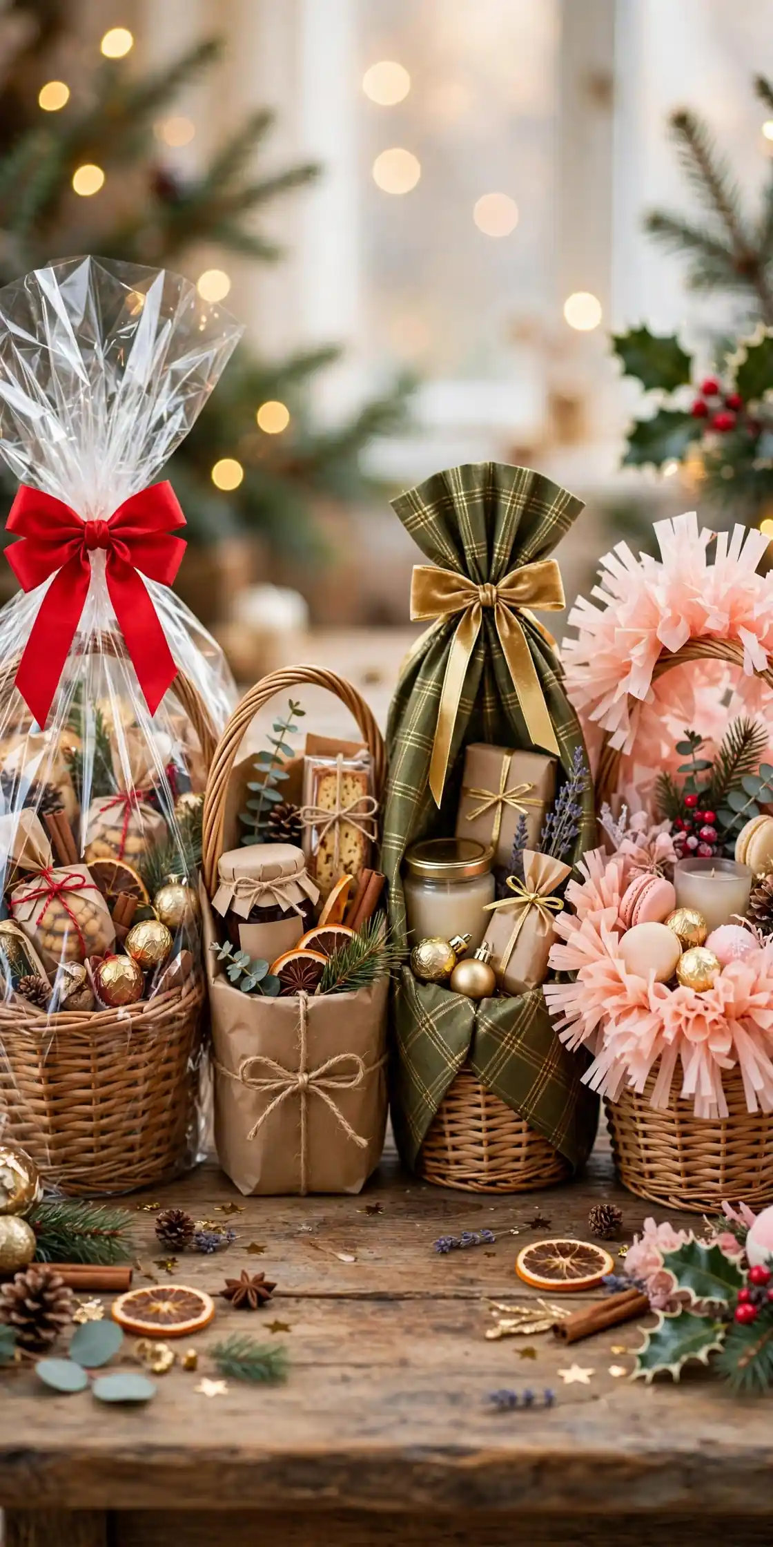 gift basket wrapping ideas collage of cellophane wrapped basket, kraft paper wrapped basket, fabric wrapped basket and open-top gift basket
