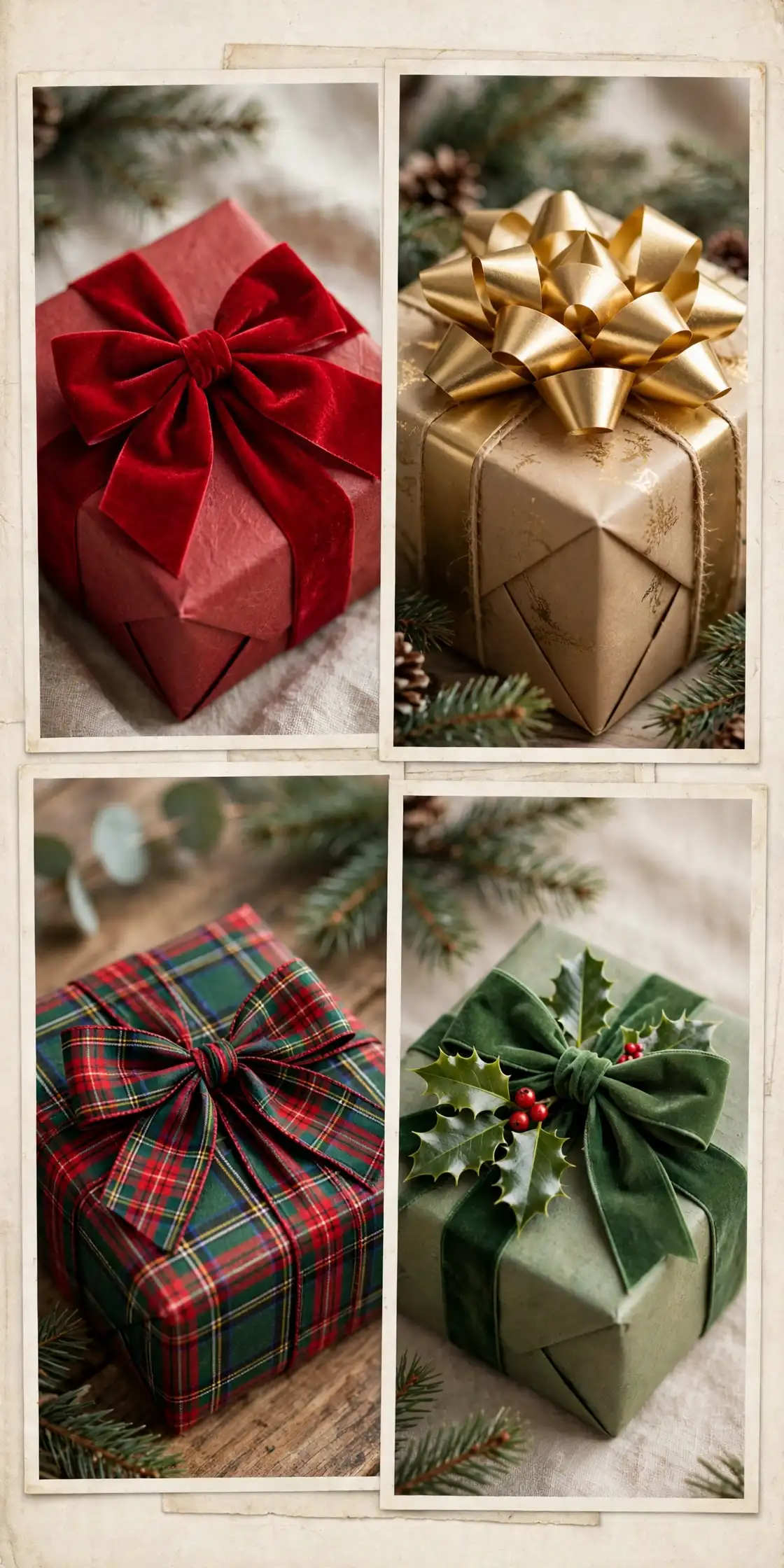 christmas gift bow collage of red velvet bow, giant bow on a big gift, gold bow and tartan bow on wrapped presents