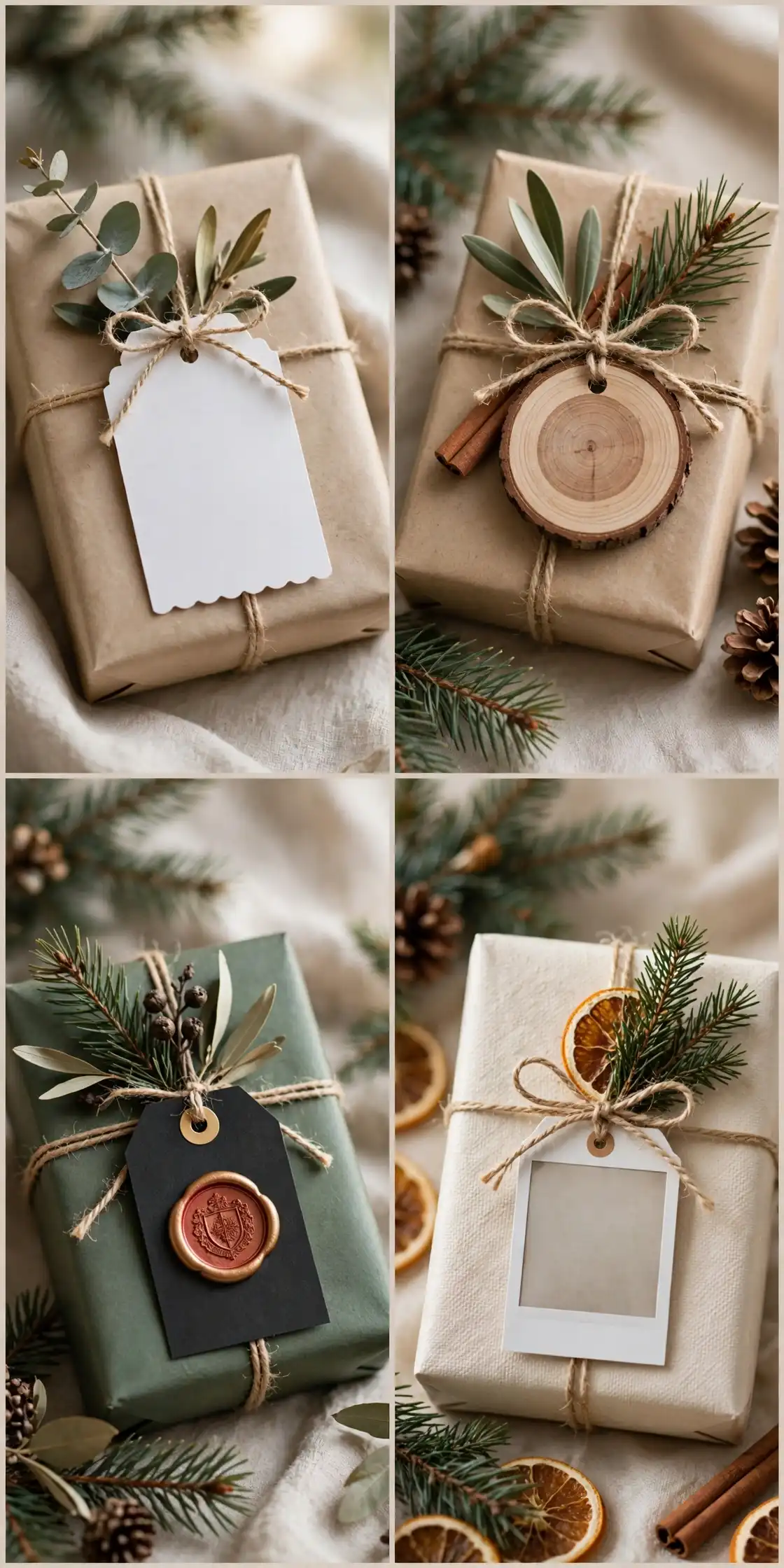 christmas gift tag collage of printable tags, wooden tags, wax seal tags and photo tags