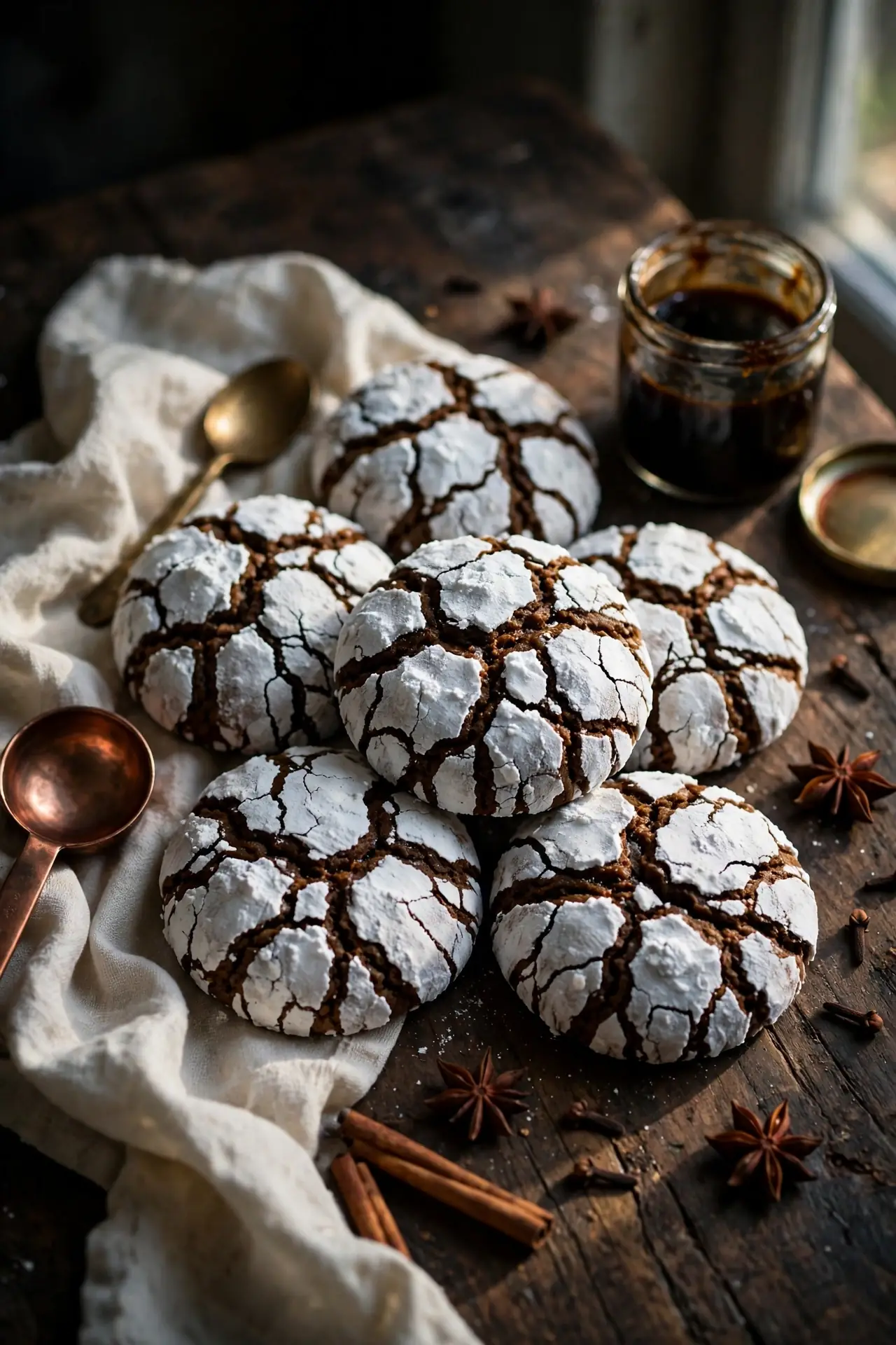 gingerbread crinkle cookies rolled in powdered sugar