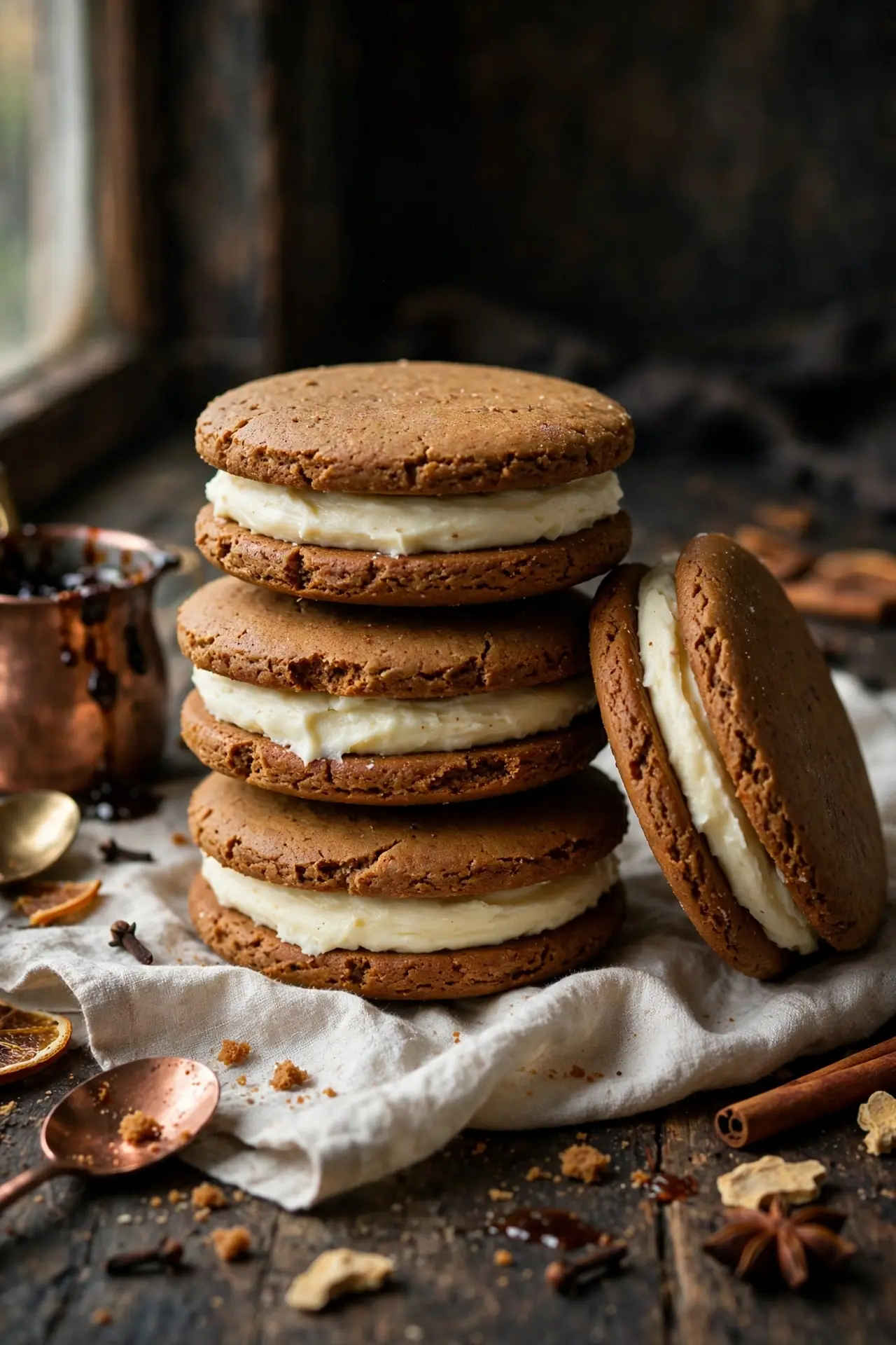 gingerbread sandwich cookies with cream cheese filling