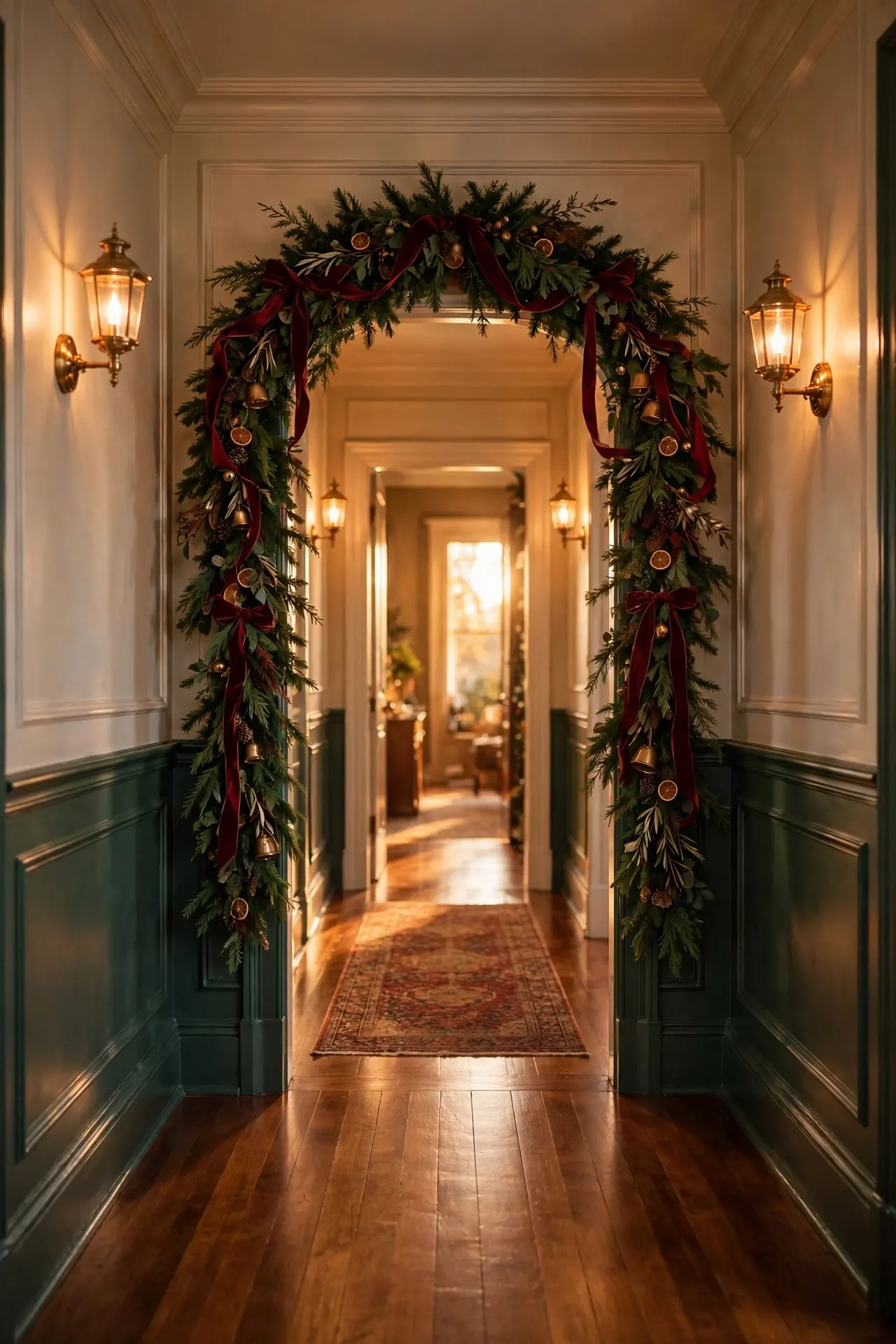 christmas hallway garland arch over doorway