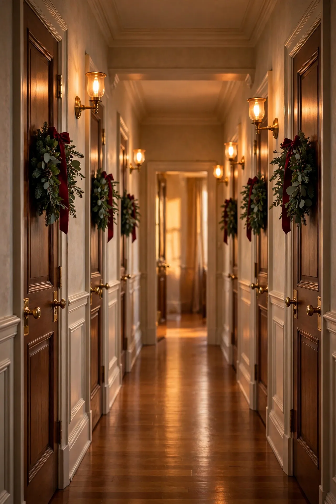 mini wreaths on hallway doors christmas