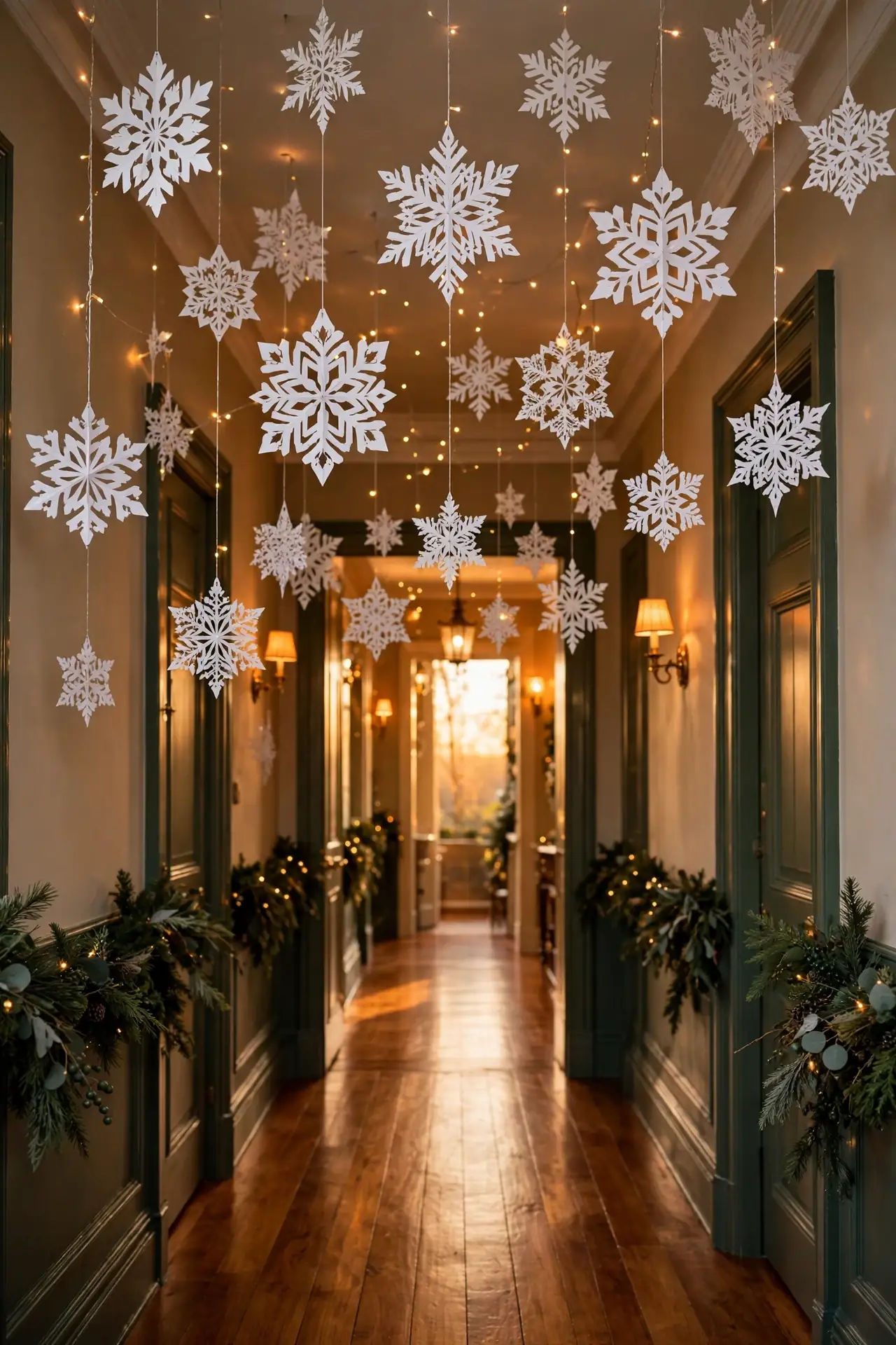 paper snowflakes hanging hallway ceiling
