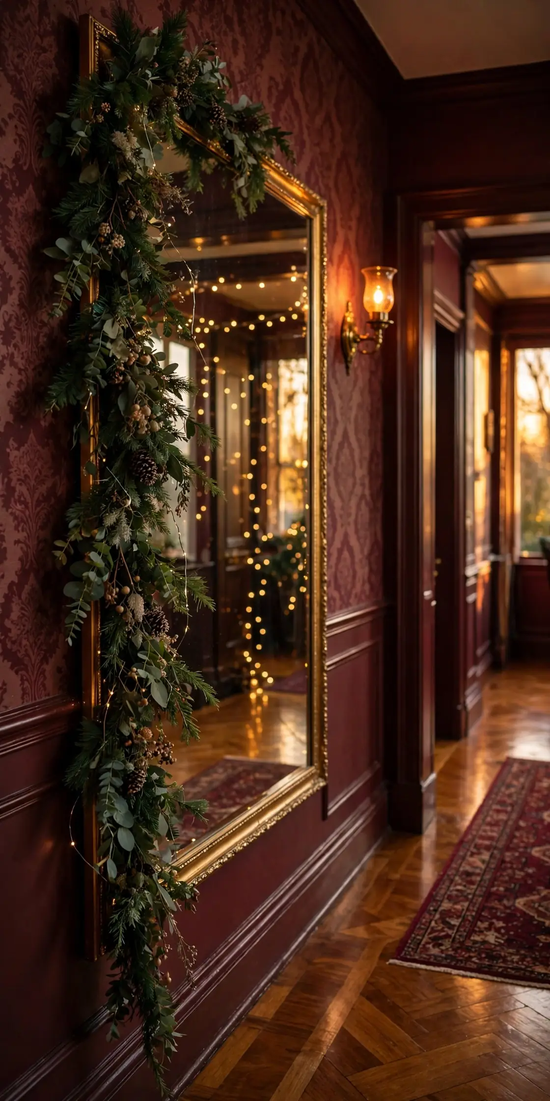 christmas garland draped hallway mirror
