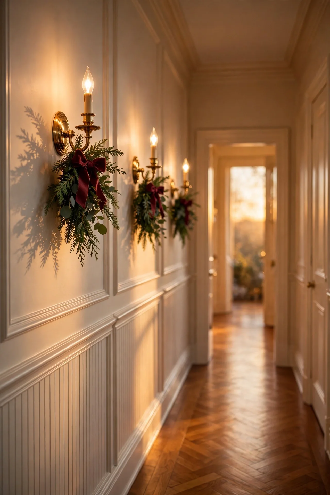 hallway sconces greenery bunches christmas