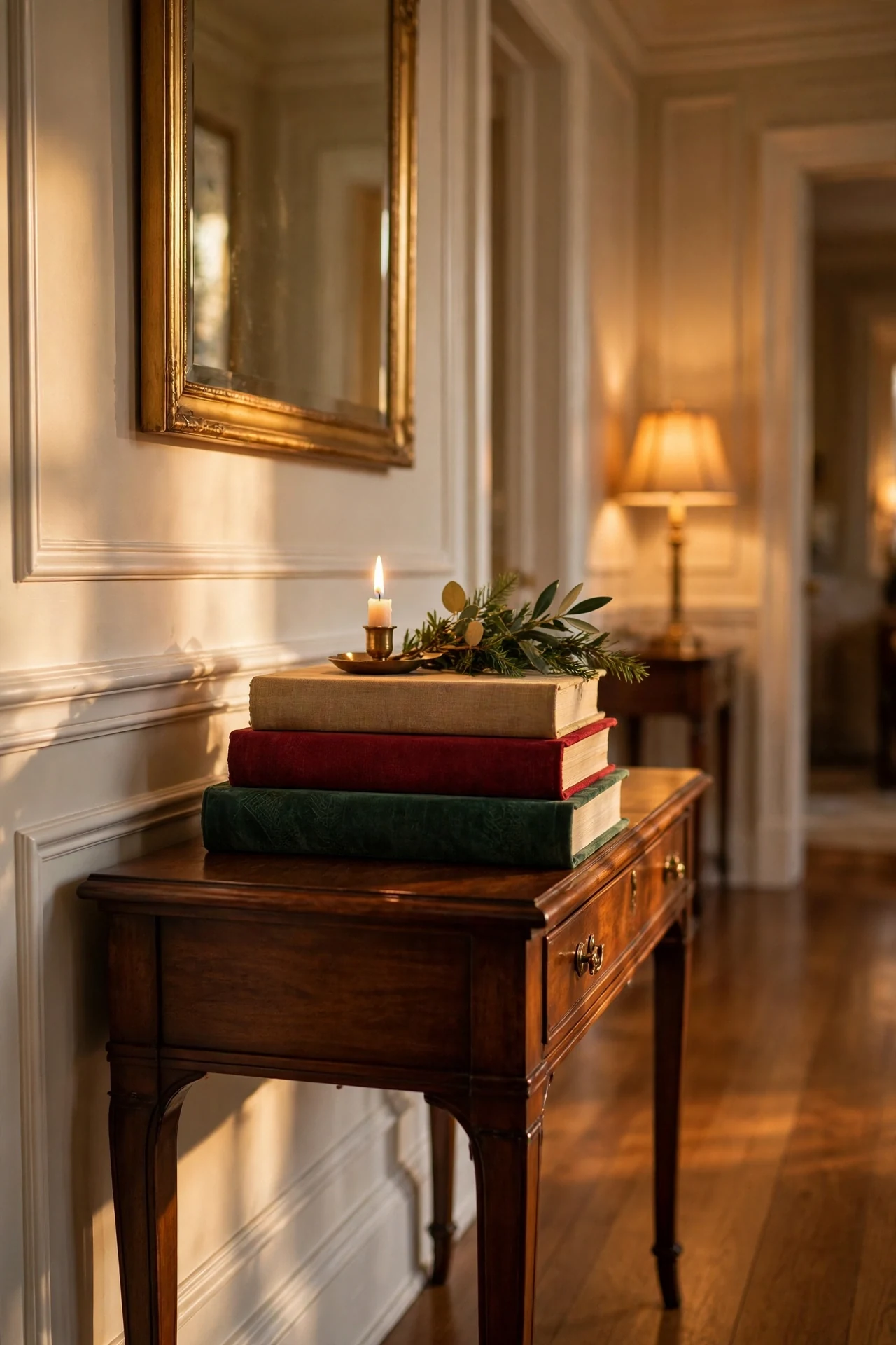stacked christmas books candle vignette hallway