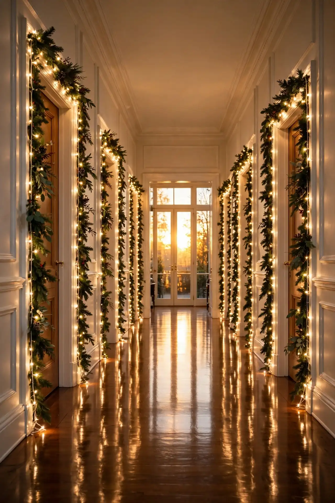 christmas lights framing hallway doorway