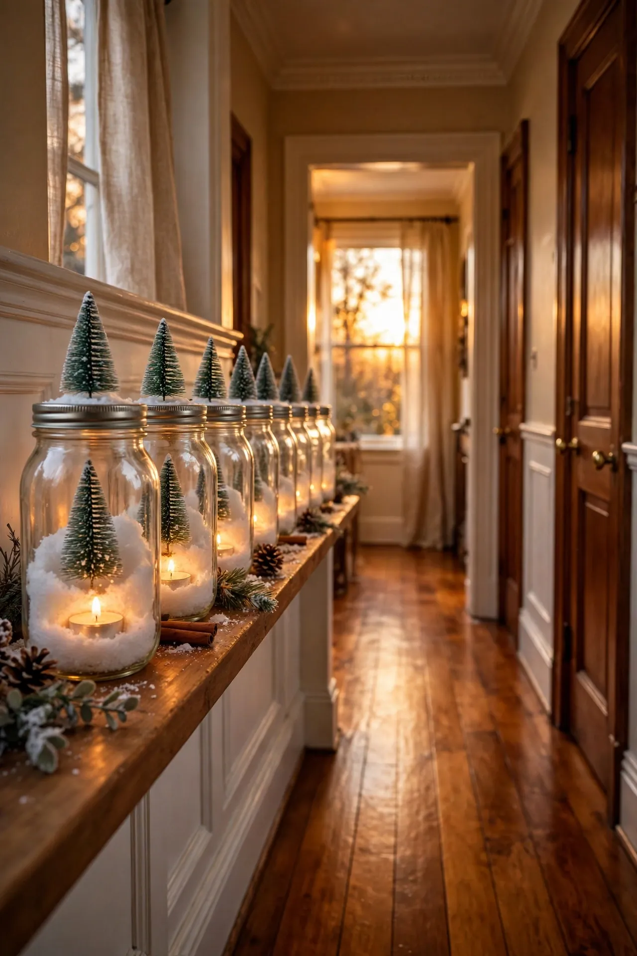 mason jar lights faux snow hallway
