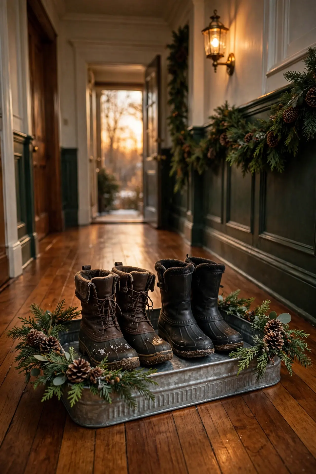 boot tray greenery hallway christmas