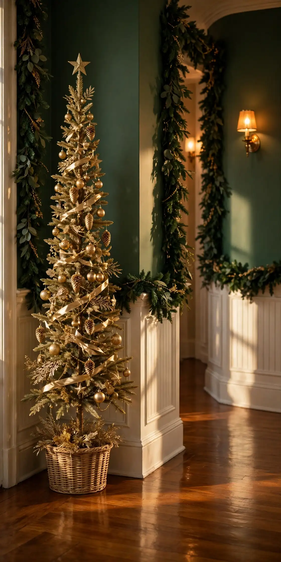 slim pencil tree hallway corner christmas