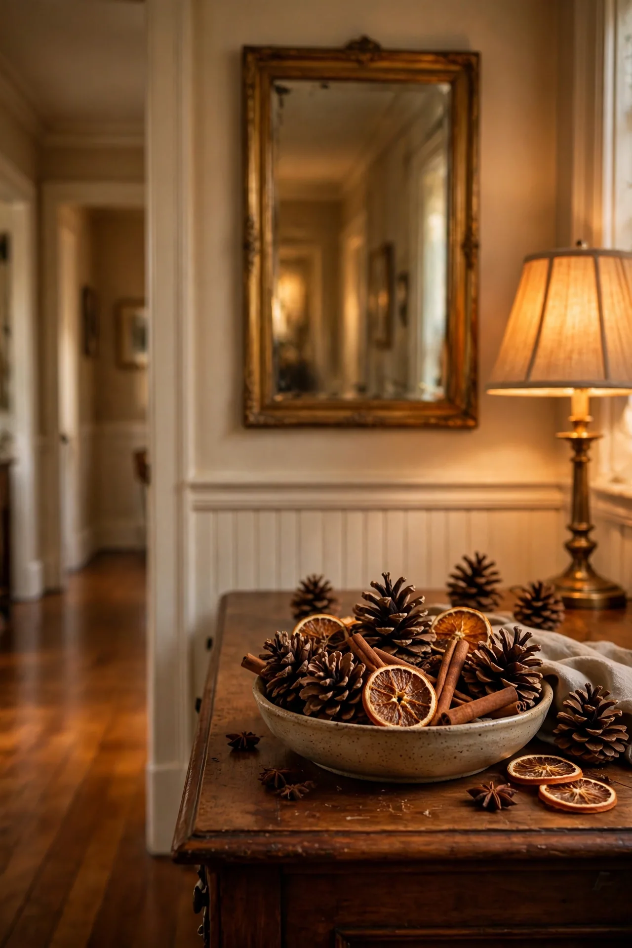 cinnamon pinecones scent bowl hallway console