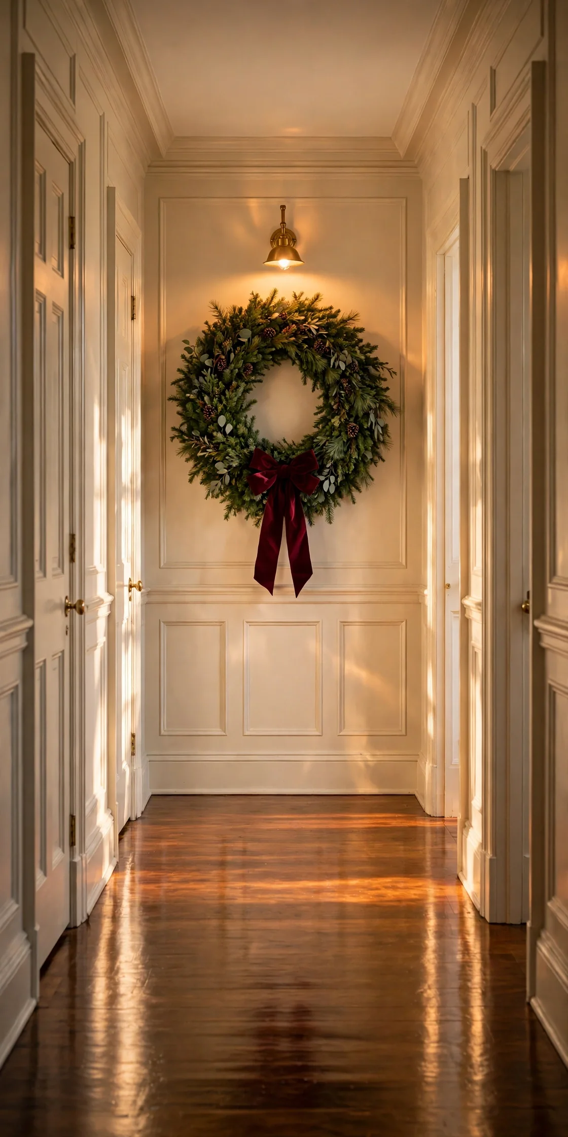 large wreath end of hallway wall focal point