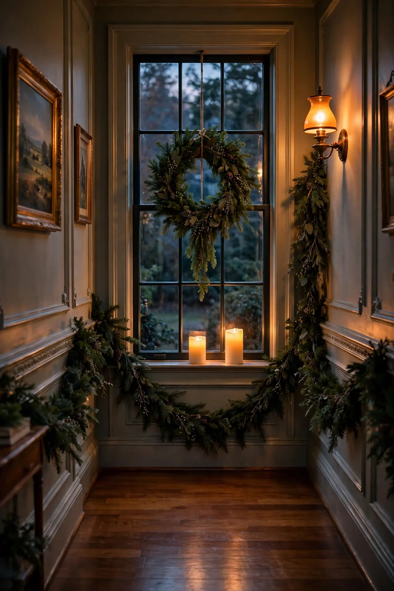 wreath in hallway window sill candles