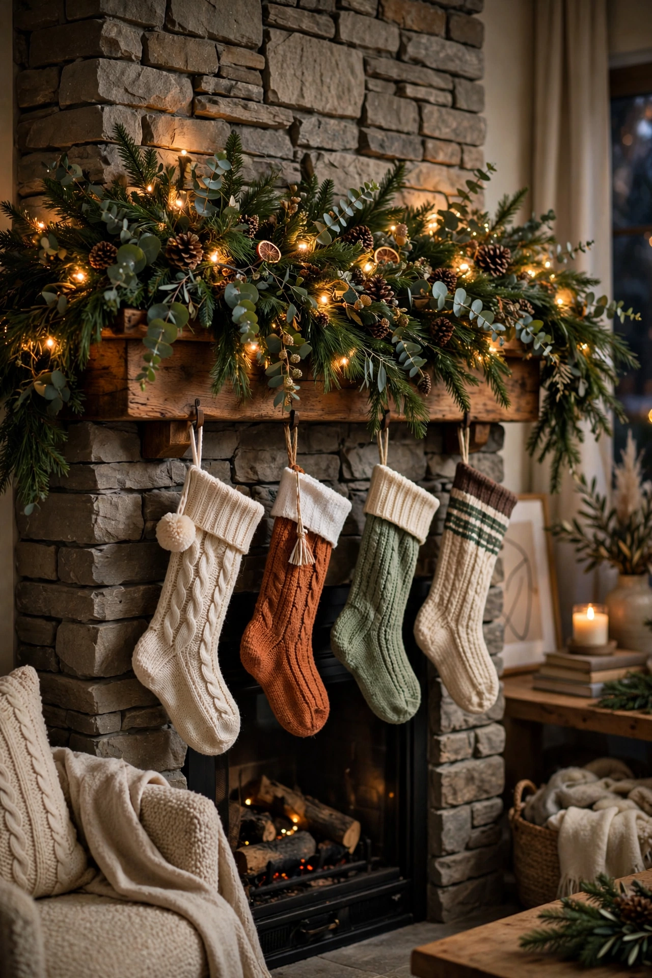 christmas mantel decor ideas with evergreen garland and fairy lights