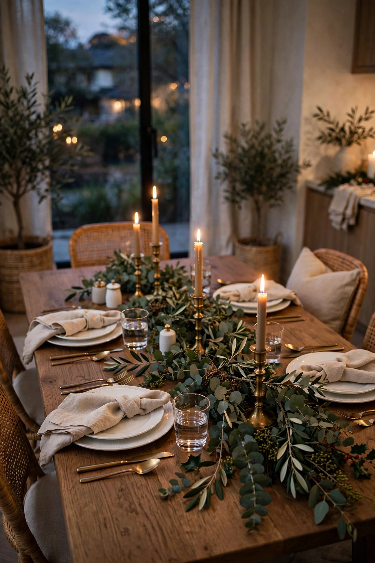 christmas table decor ideas with eucalyptus runner and brass candlesticks