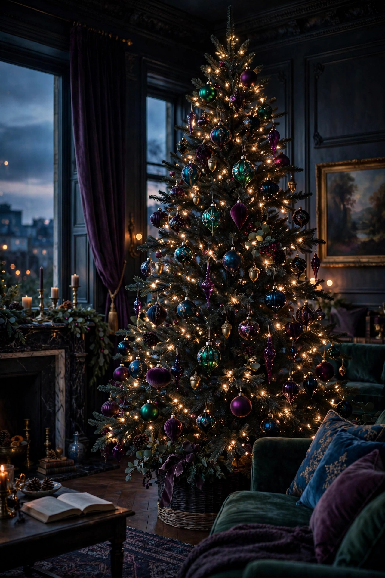 jewel tone christmas tree with emerald sapphire and plum ornaments