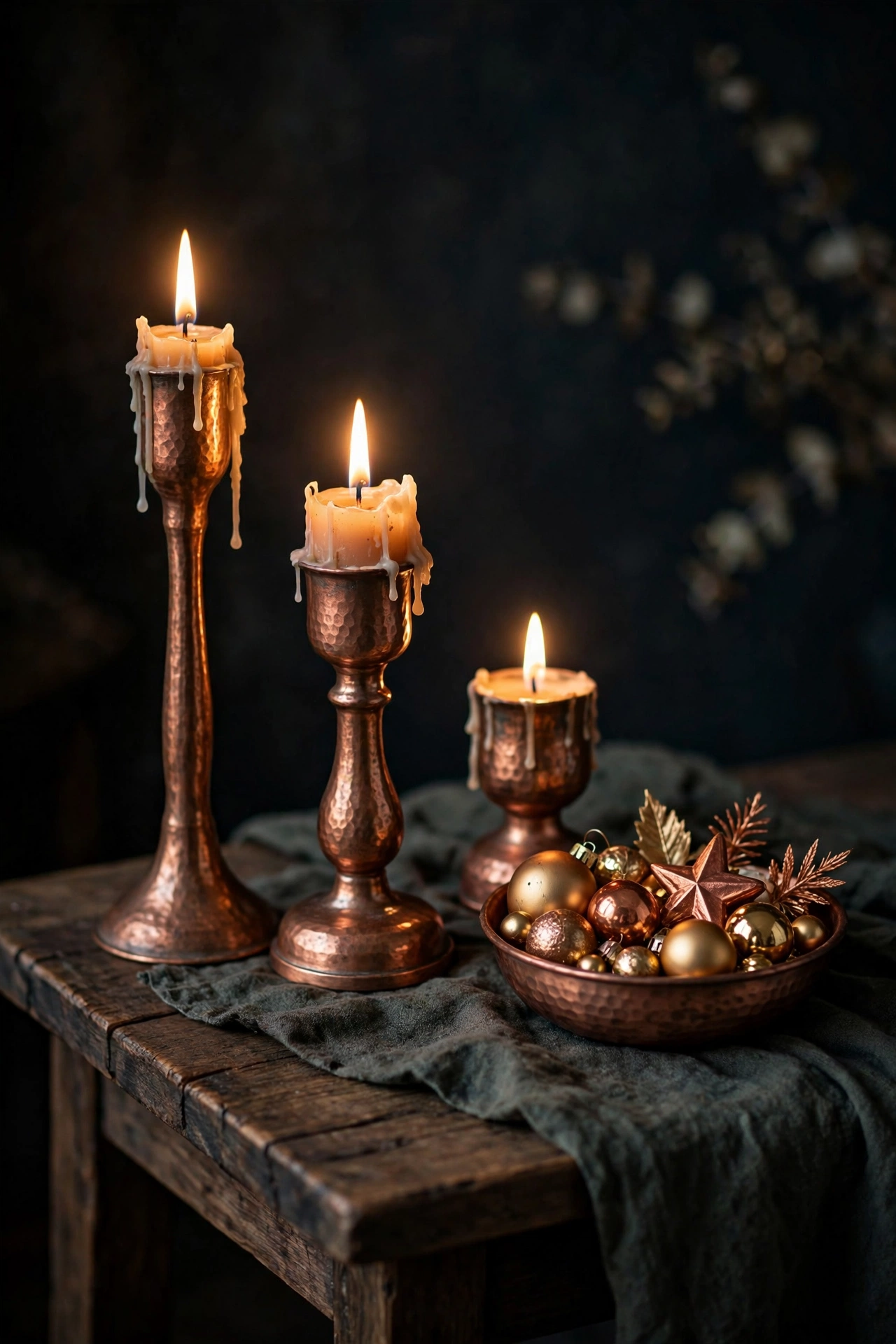 copper christmas decor candle holders with warm glow