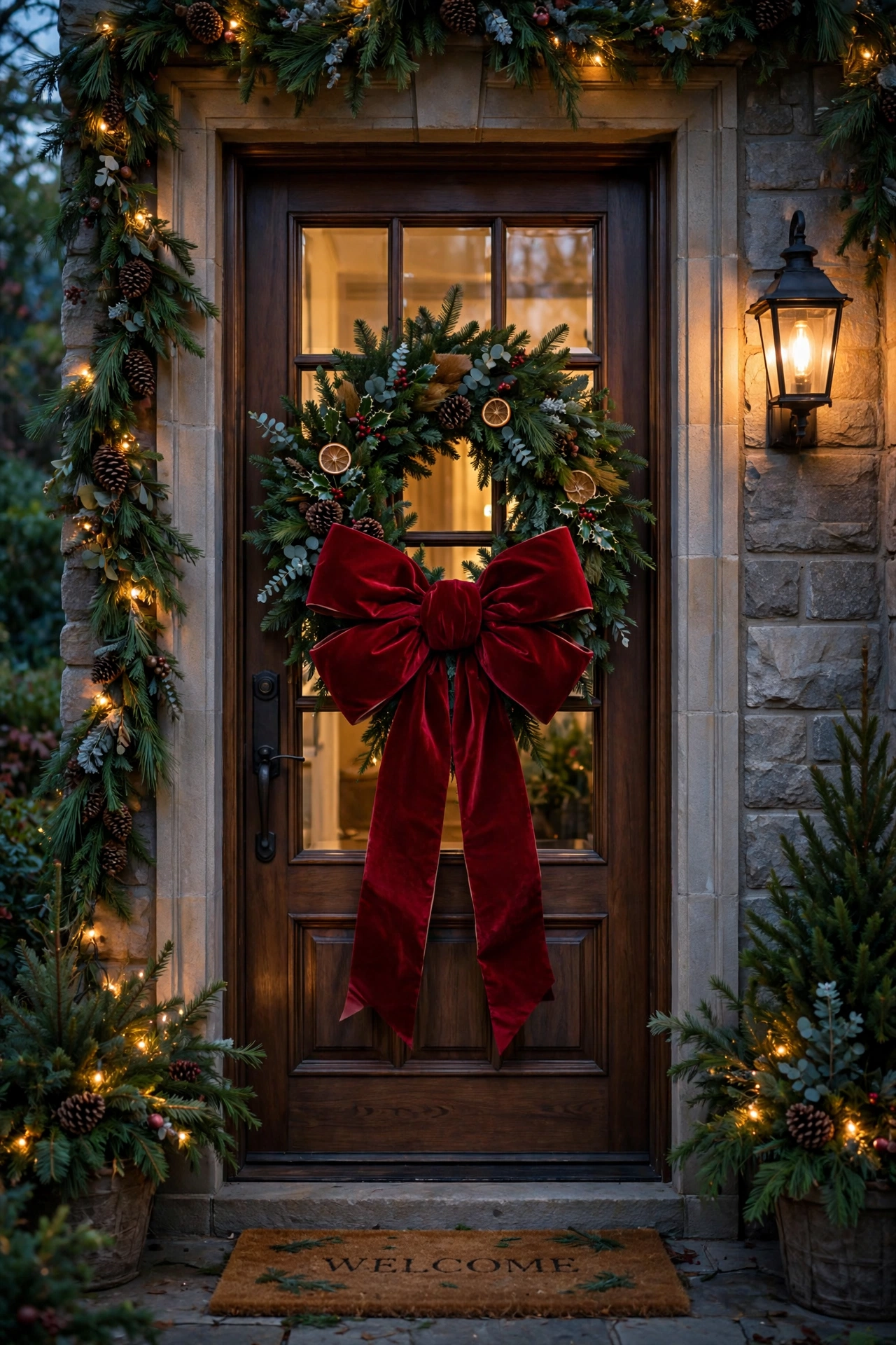 christmas front door decor with oversized red velvet bow and wreath
