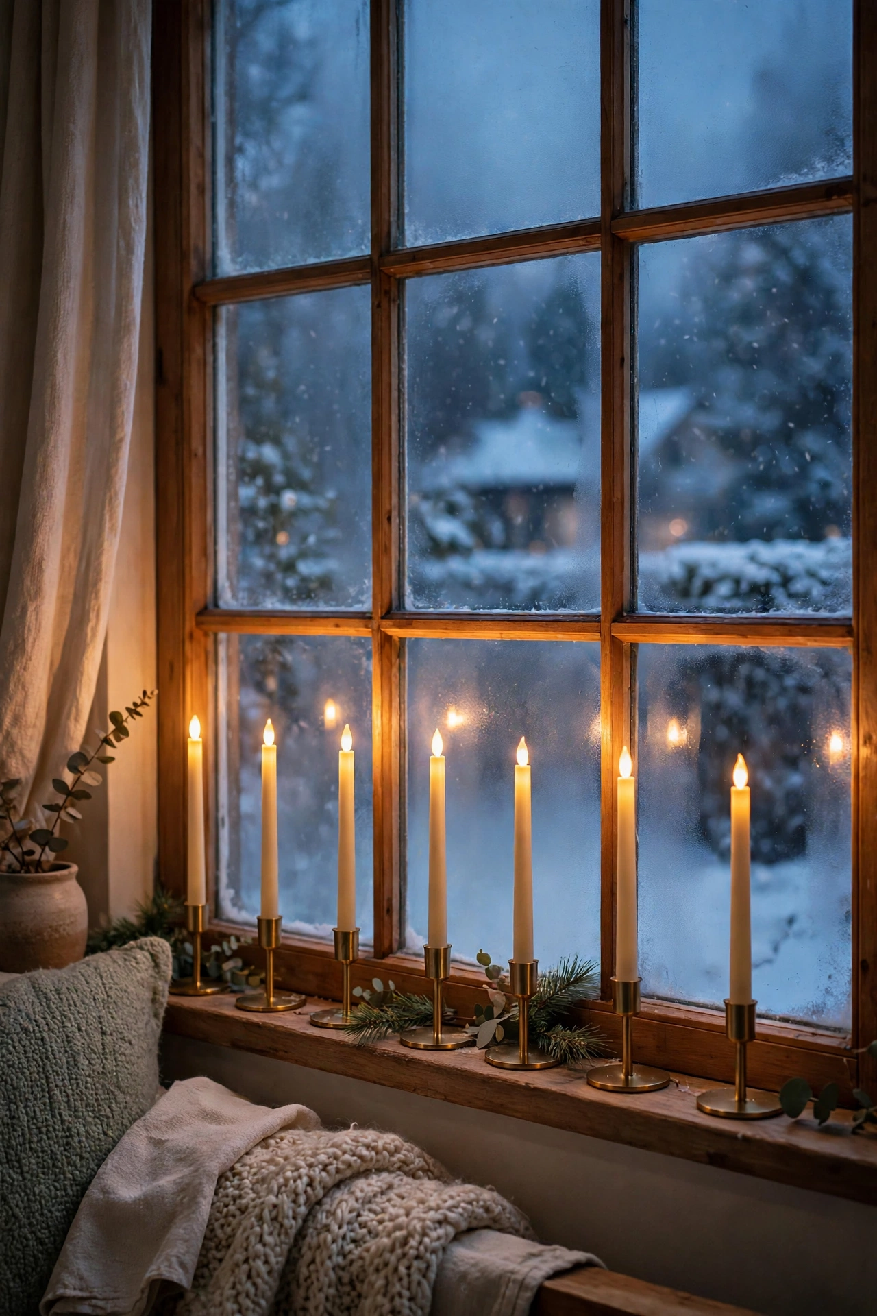 christmas window decor with brass taper candles at dusk