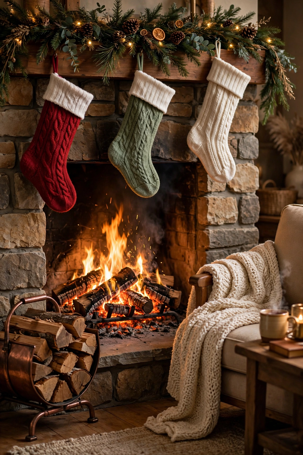 christmas fireplace decor with crackling fire and stockings