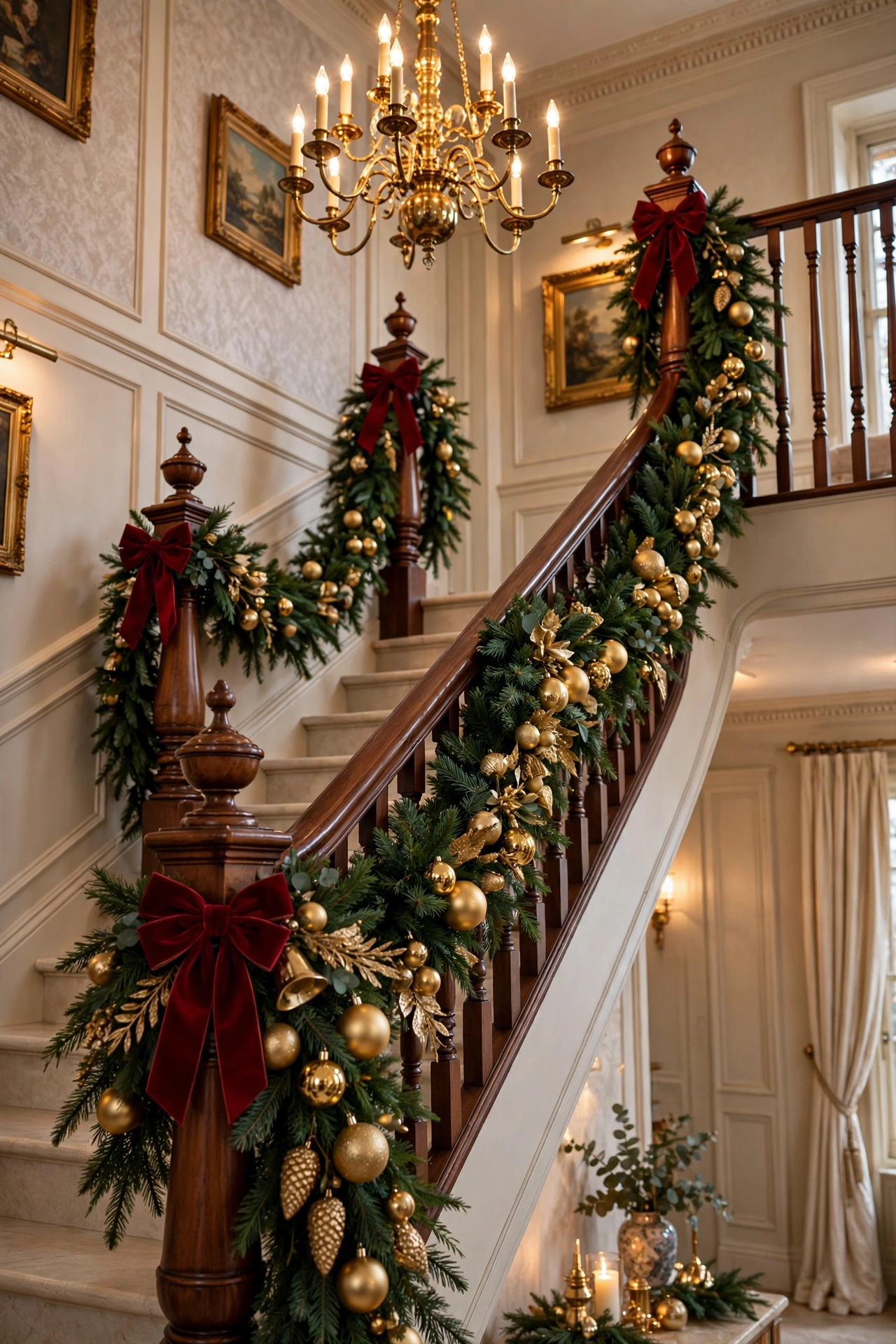 christmas staircase decor with evergreen garland and red bows