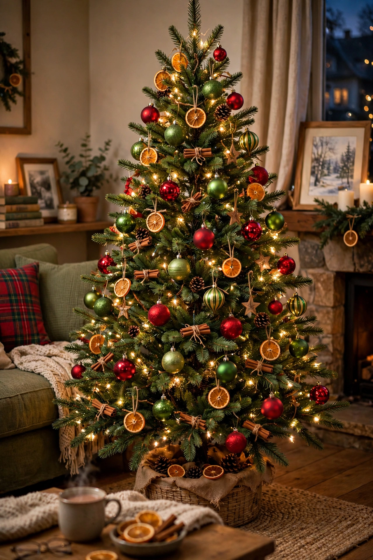 red and green christmas tree with dried orange slices and cinnamon