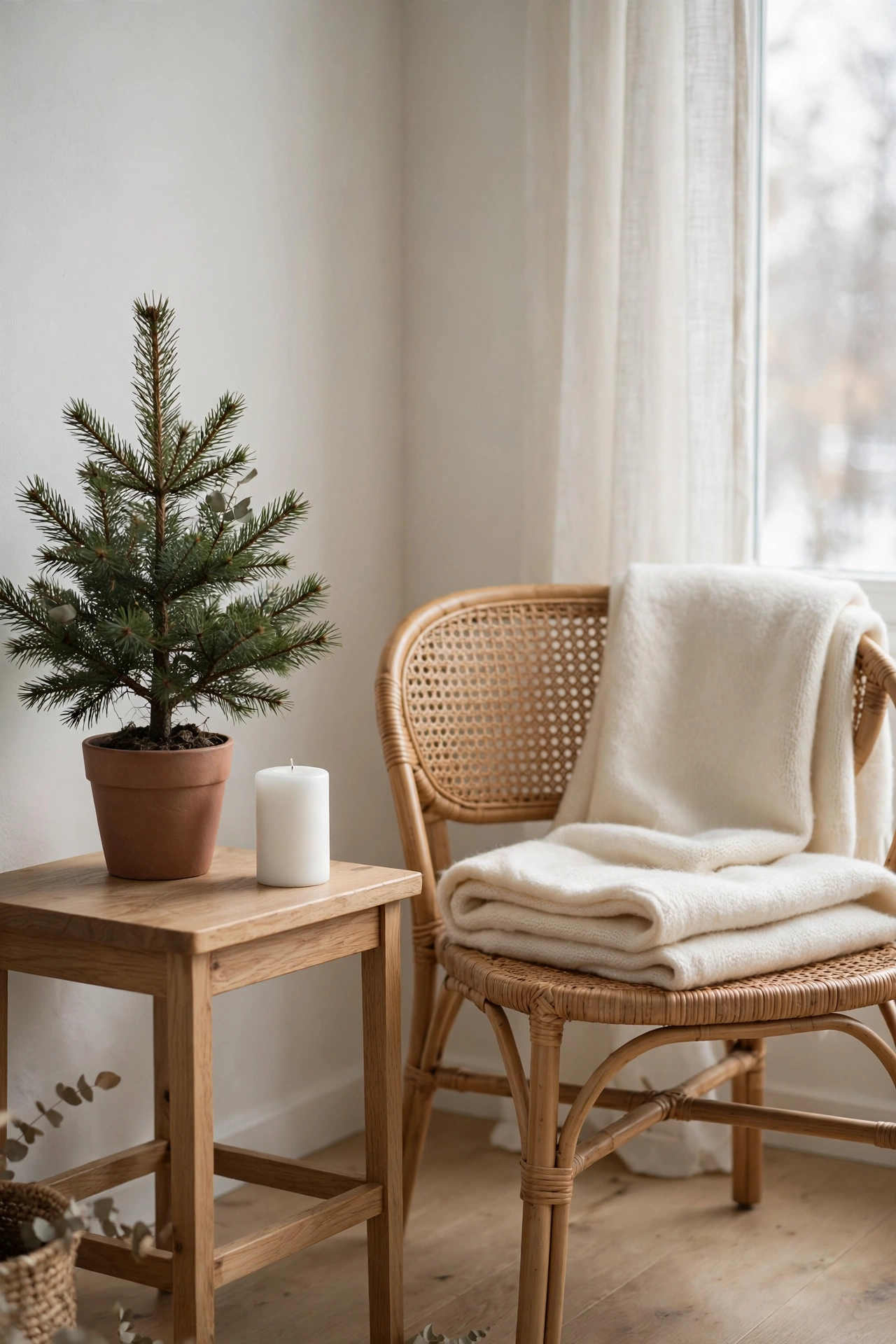 scandinavian christmas decor minimalist corner with potted pine