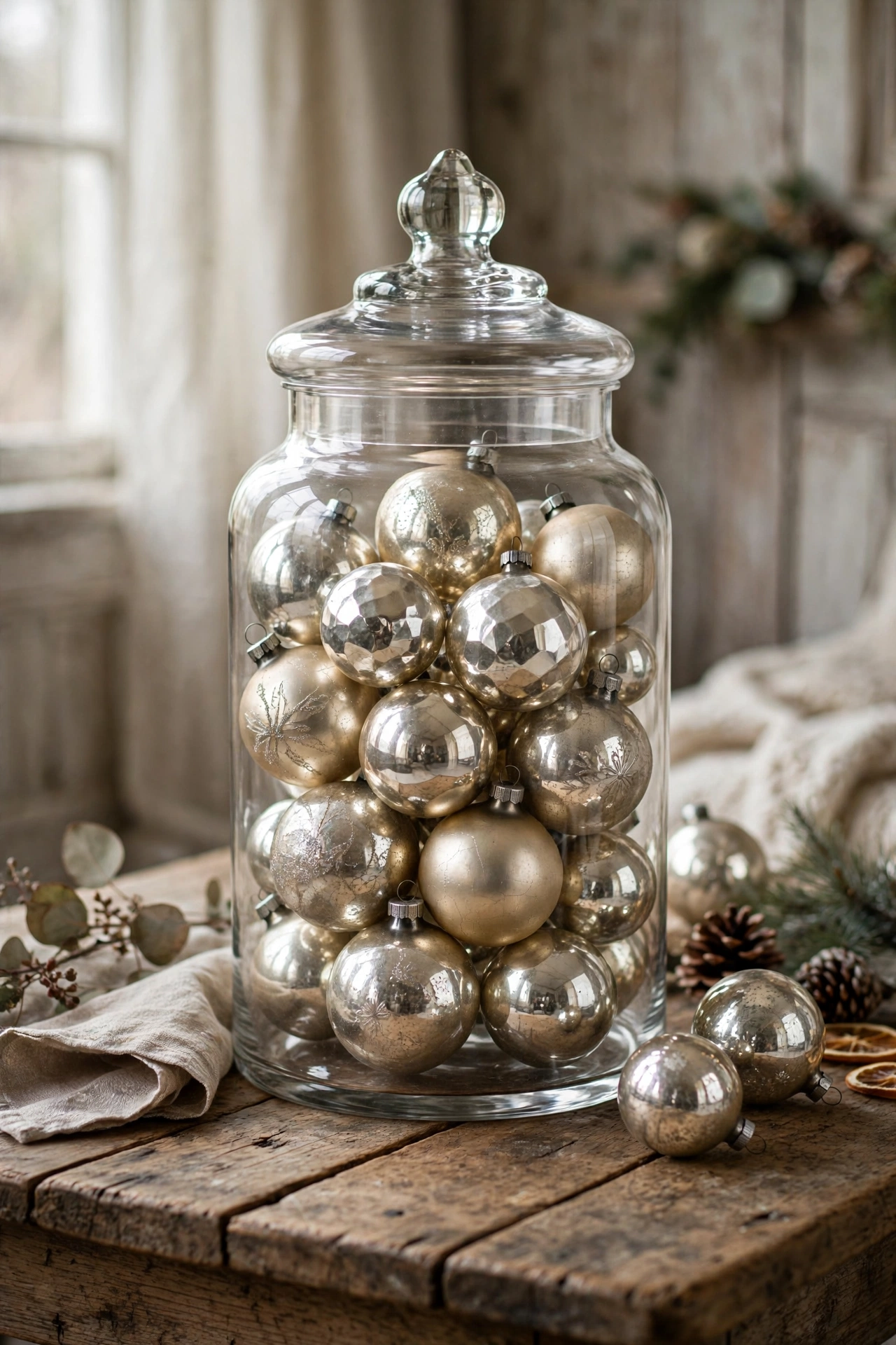 vintage christmas ornaments in glass apothecary jar