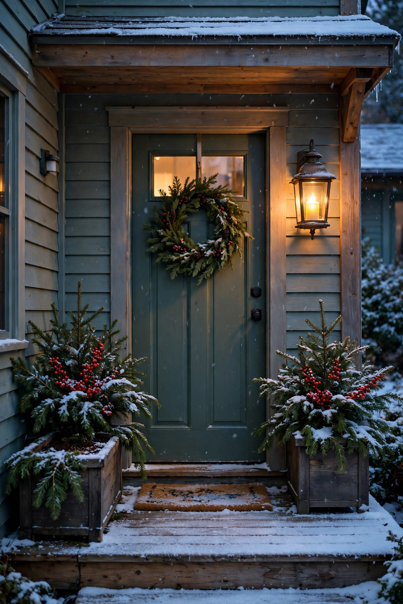 christmas porch decor with evergreen planters and wreath