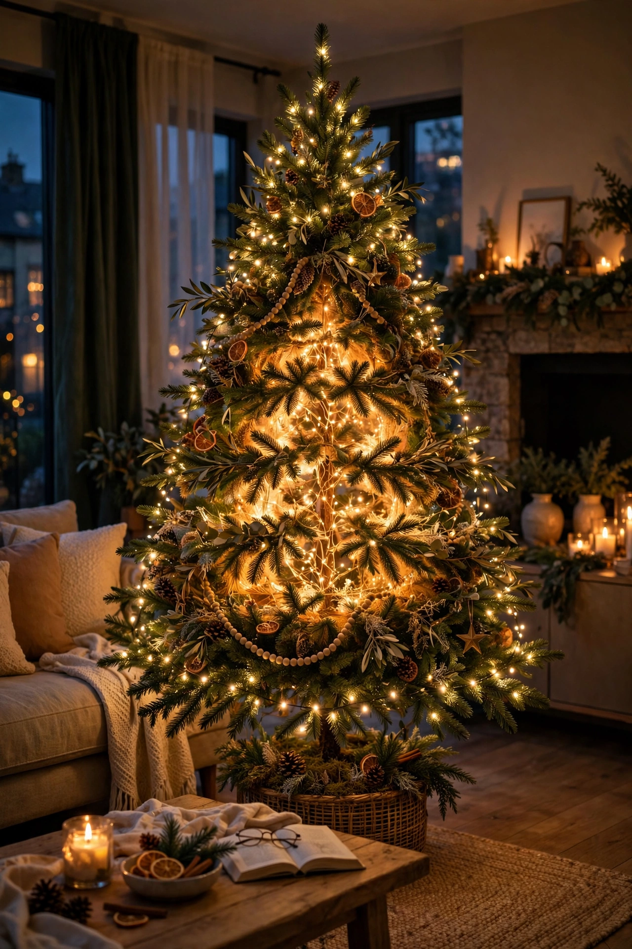 christmas tree lights warm white living room evening
