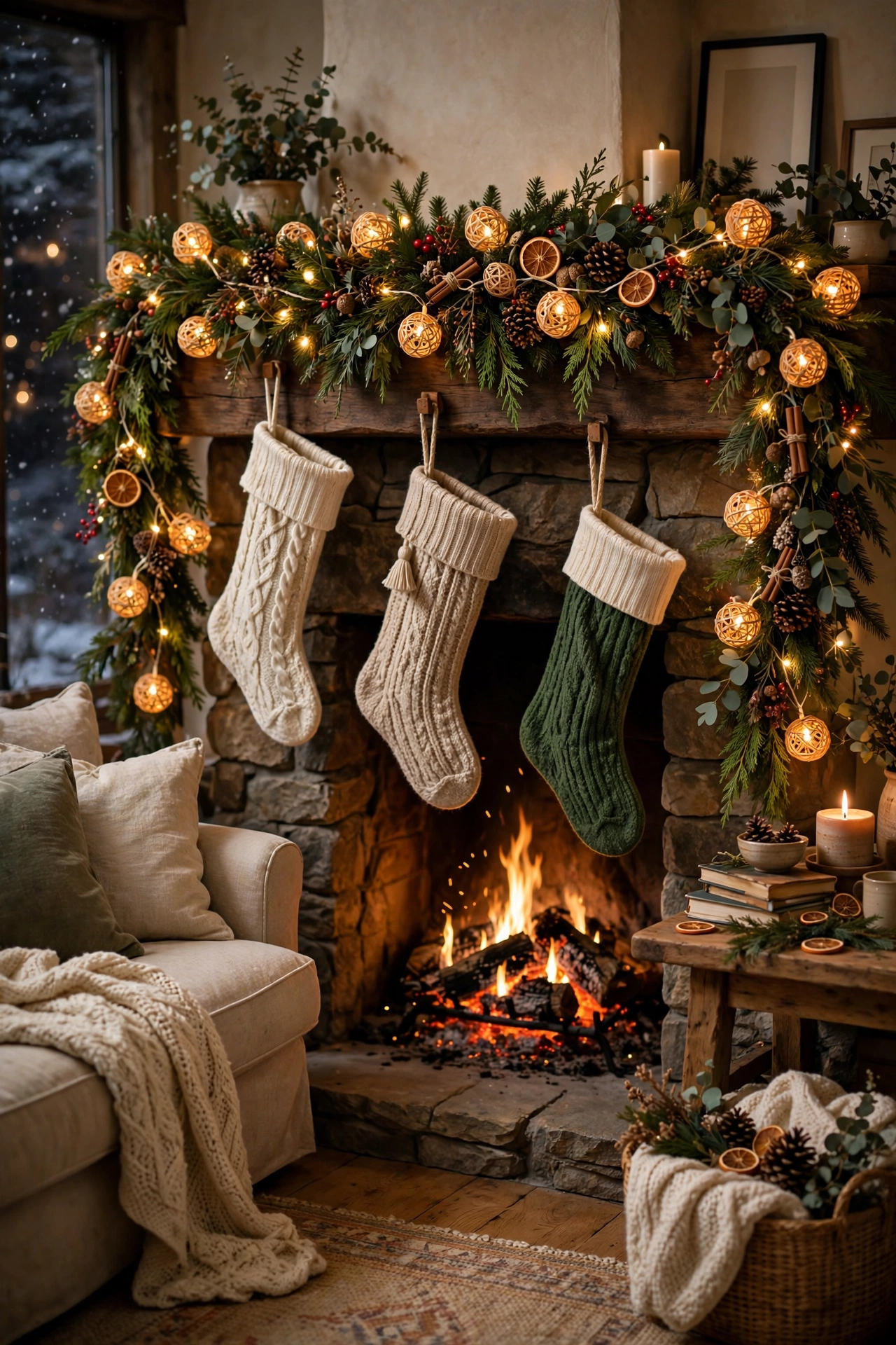 christmas mantel garland stockings fireplace