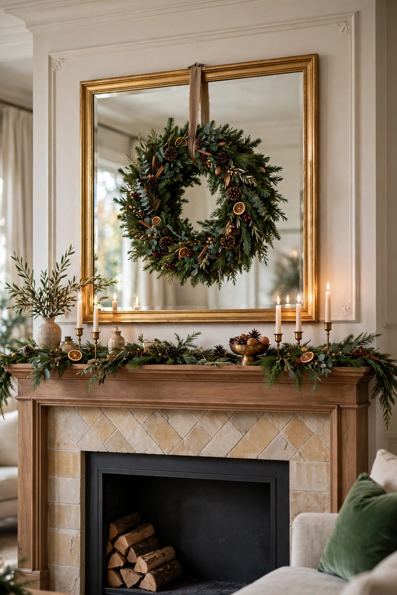 christmas mantel mirror wreath above fireplace