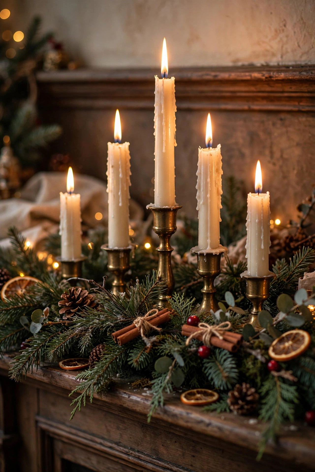 christmas mantel candles tapered brass