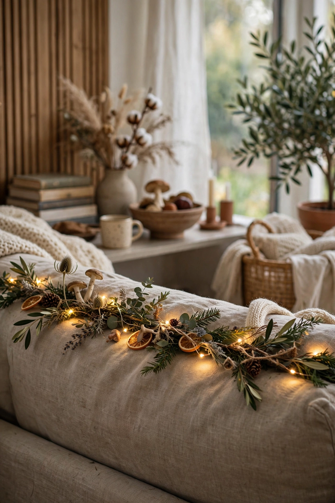 christmas sofa garland behind couch